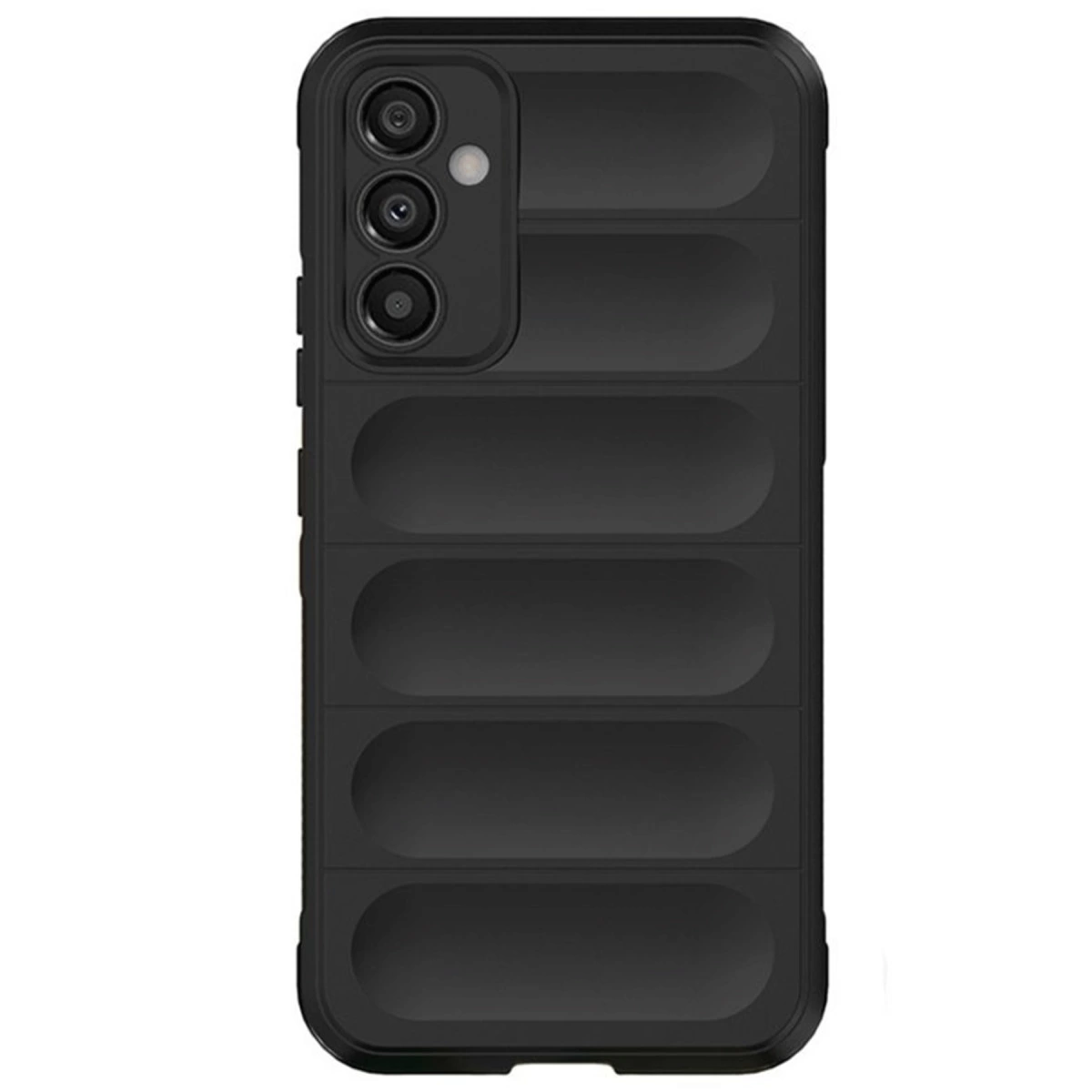 Yatay çıkıntılı ve üçlü kamera kesimli siyah telefon kılıfı.