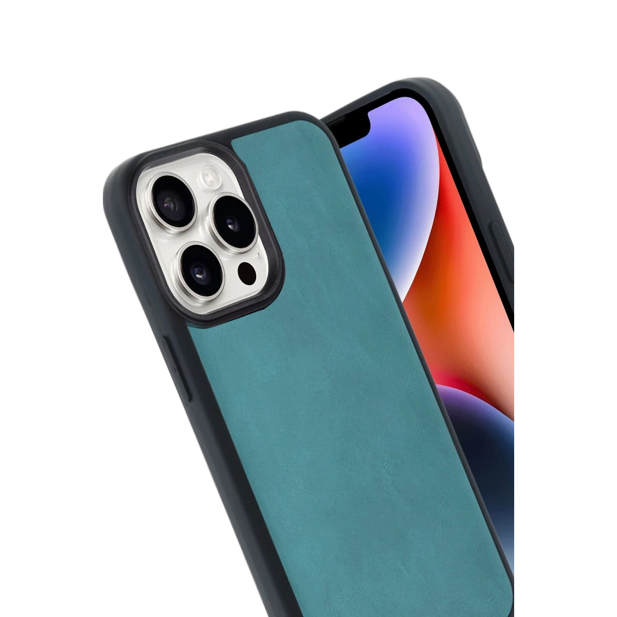 Kamera modüllü, iPhone ekranı arkada, turkuaz telefon kılıfı.