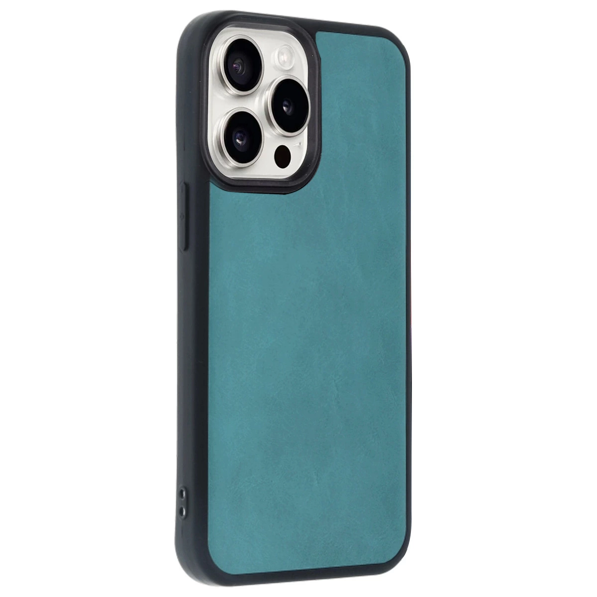 Siyah çerçeveli ve kamera modüllü, teal rengi telefon kılıfı.