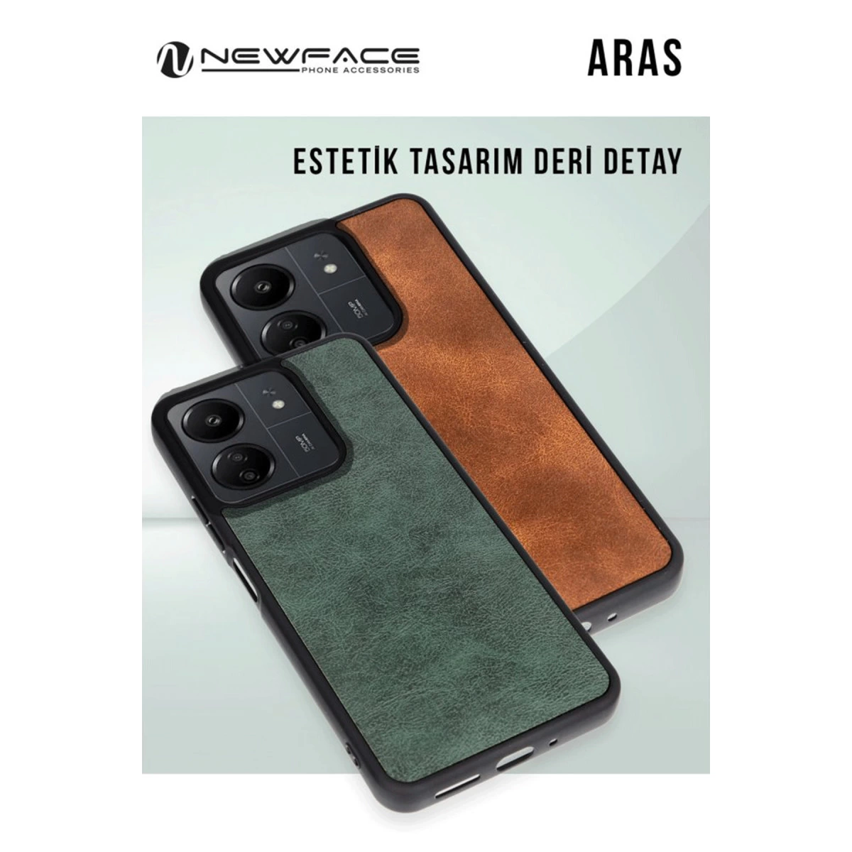 İki telefon kılıfı, biri yeşil, biri kahverengi, deri detaylı.