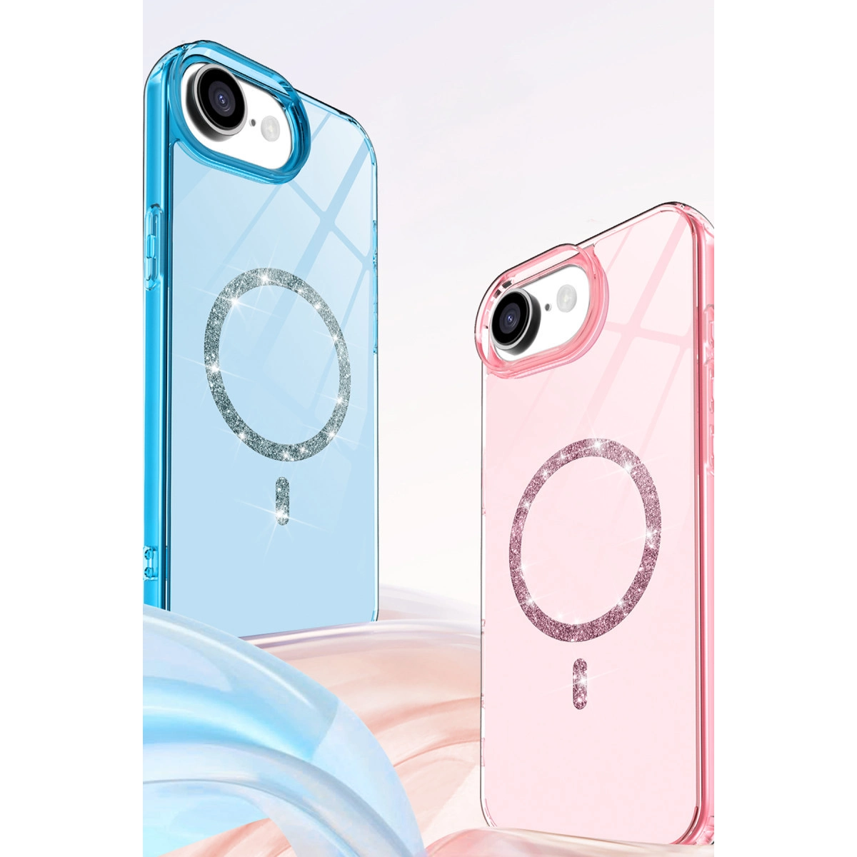 Simli manyetik halkalı iki şeffaf telefon kılıfı, biri mavi, biri pembe.