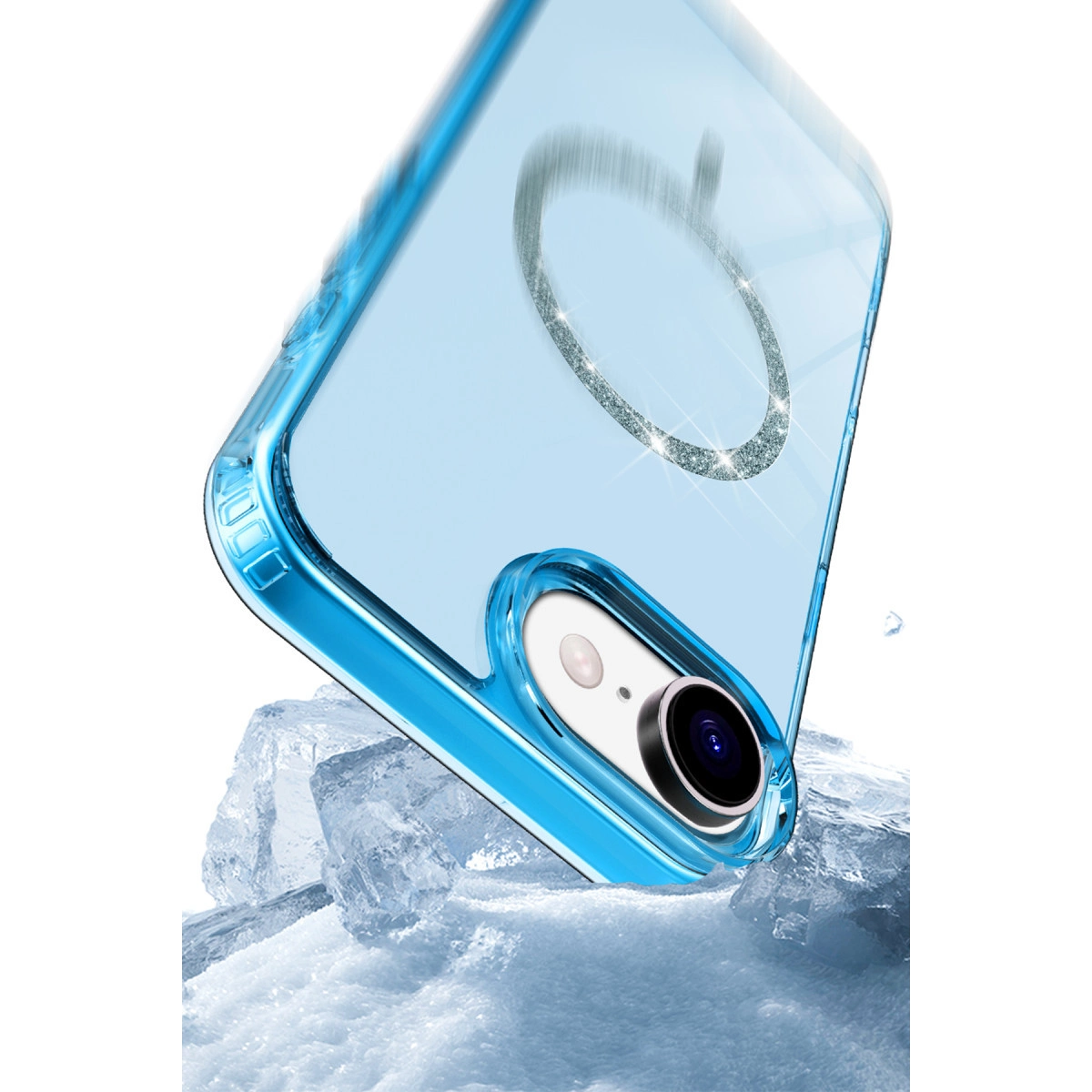 Buz küpleri üzerinde parıltılı kalp desenli mavi telefon kılıfı.