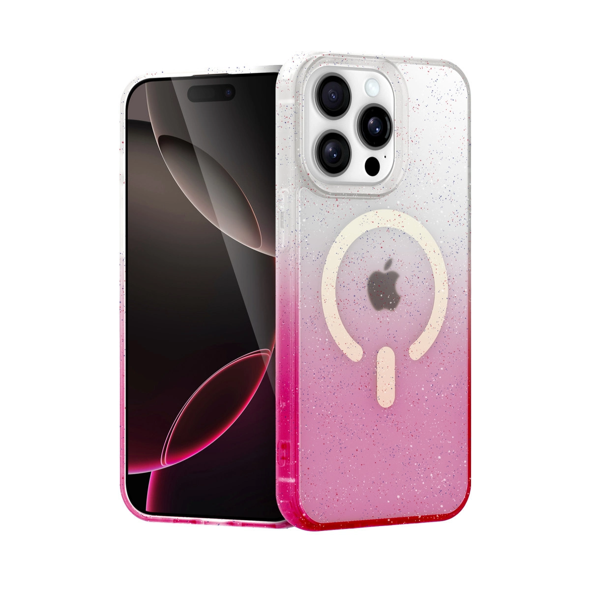 Pembe degrade ve simli şeffaf kasalı bir iPhone.