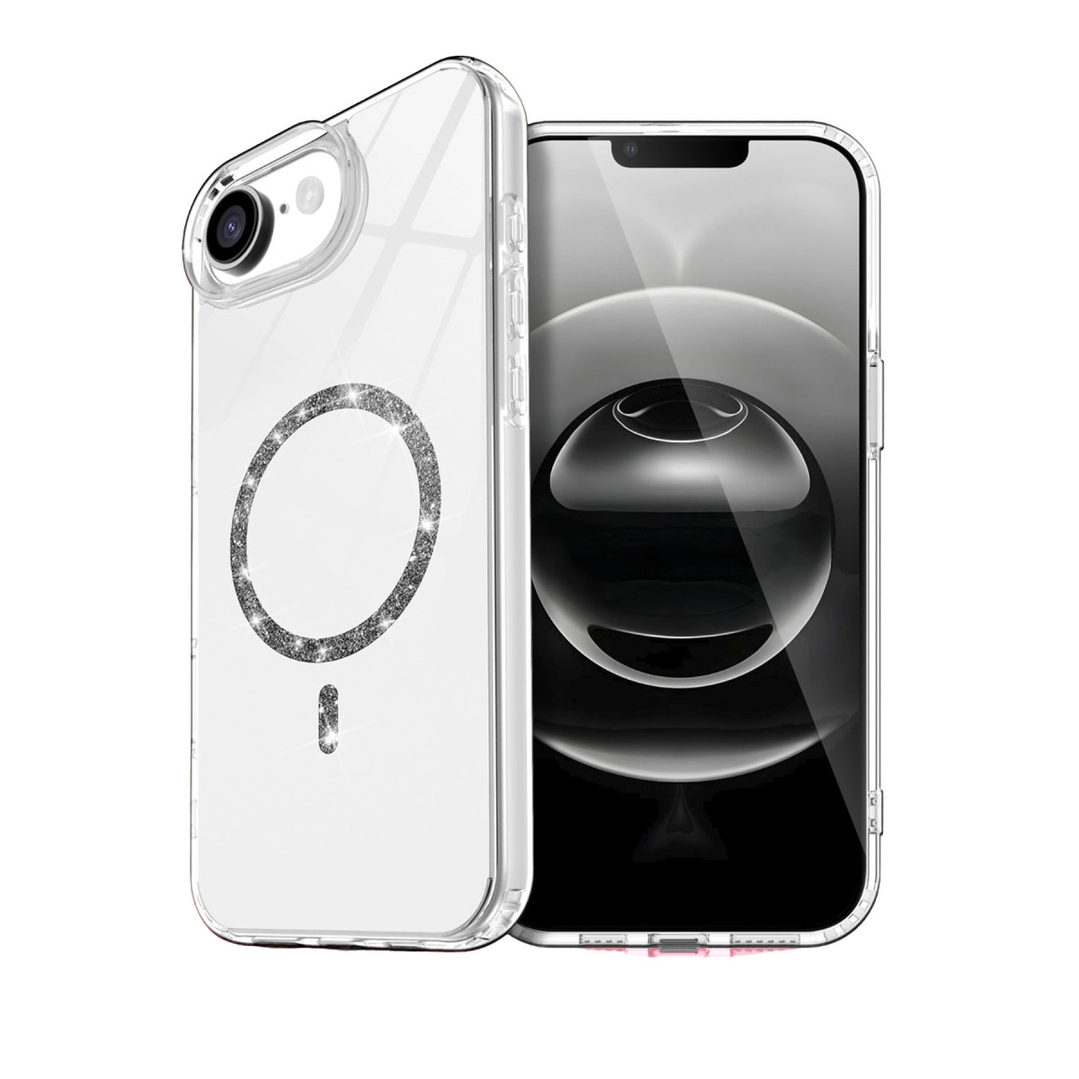 Simli halkalı şeffaf iPhone kılıfı, bir iPhone'un yanında.