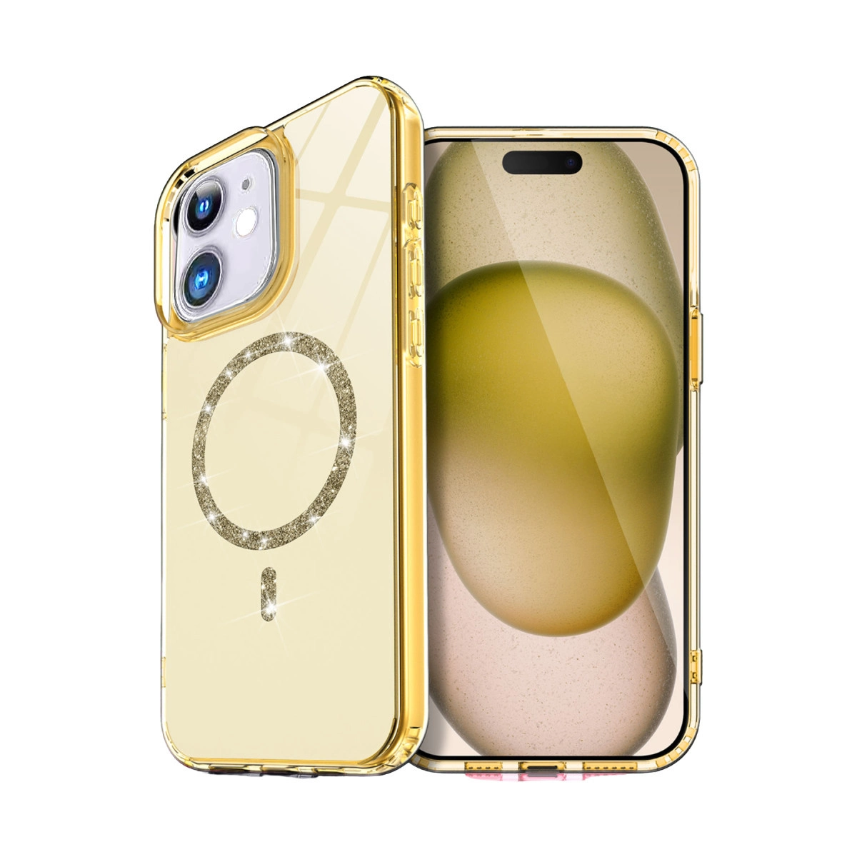 Simli halkalı altın telefon kılıfı ve bir telefon.