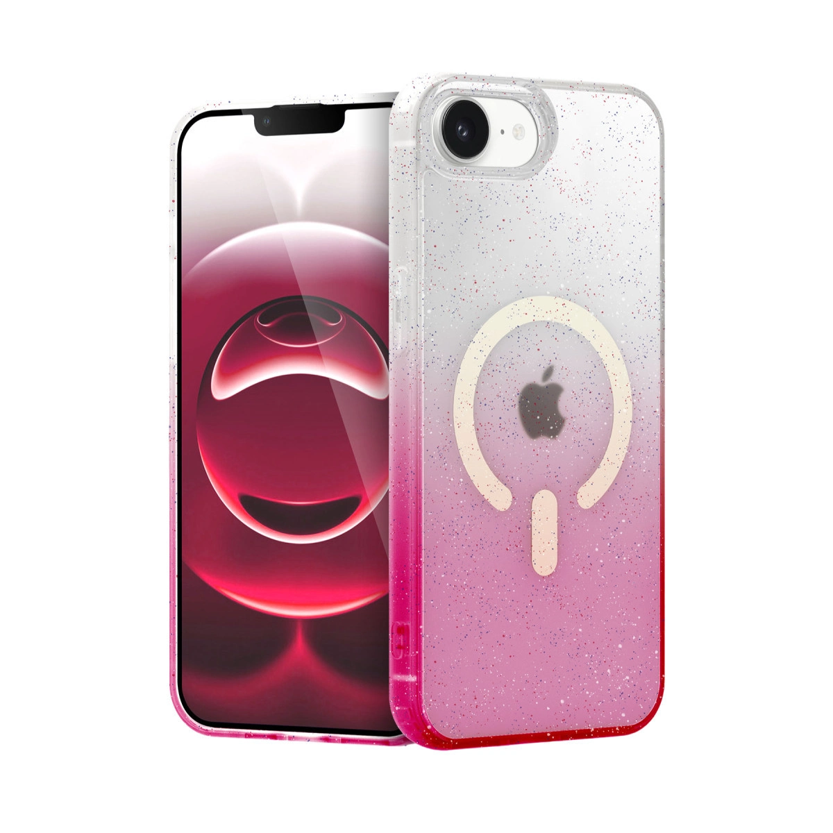 Aşağı doğru koyulaşan pembe simli kılıflı bir iPhone.