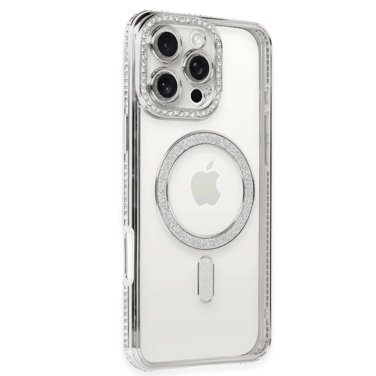 Gümüş aksanlar ve sim detaylı şeffaf iPhone kılıfı.