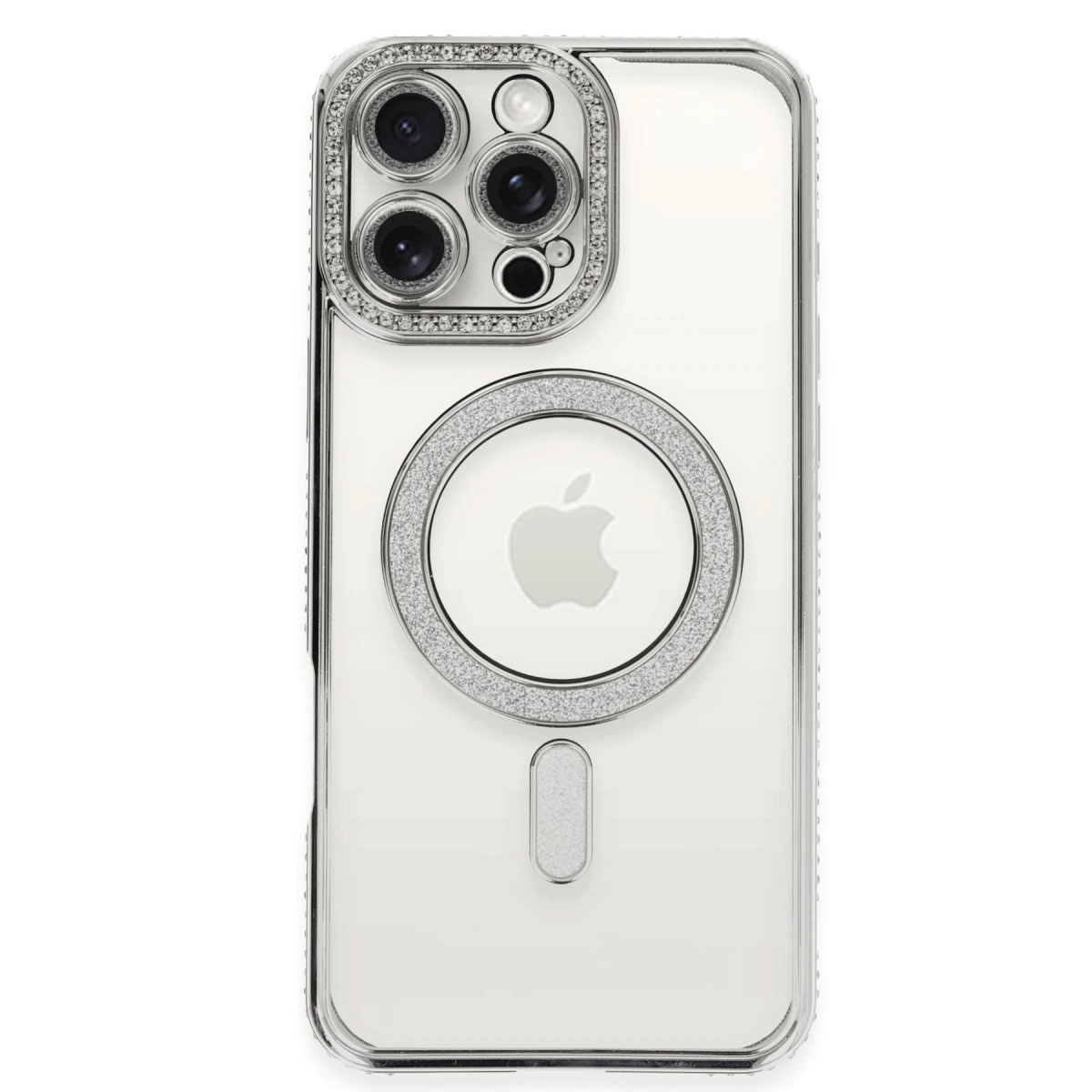 iPhone 14 Pro Max için şeffaf simli kılıf. Kamera, logo ve MagSafe'i gösterir.