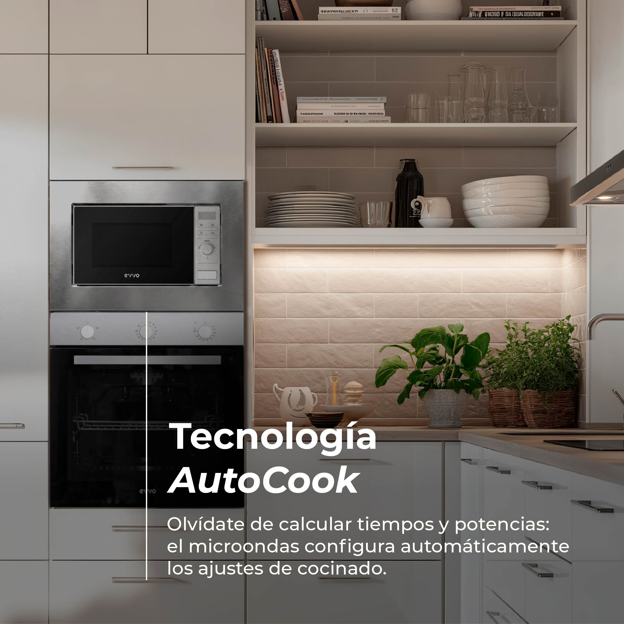 Cocina moderna con microondas y horno, platos y plantas.