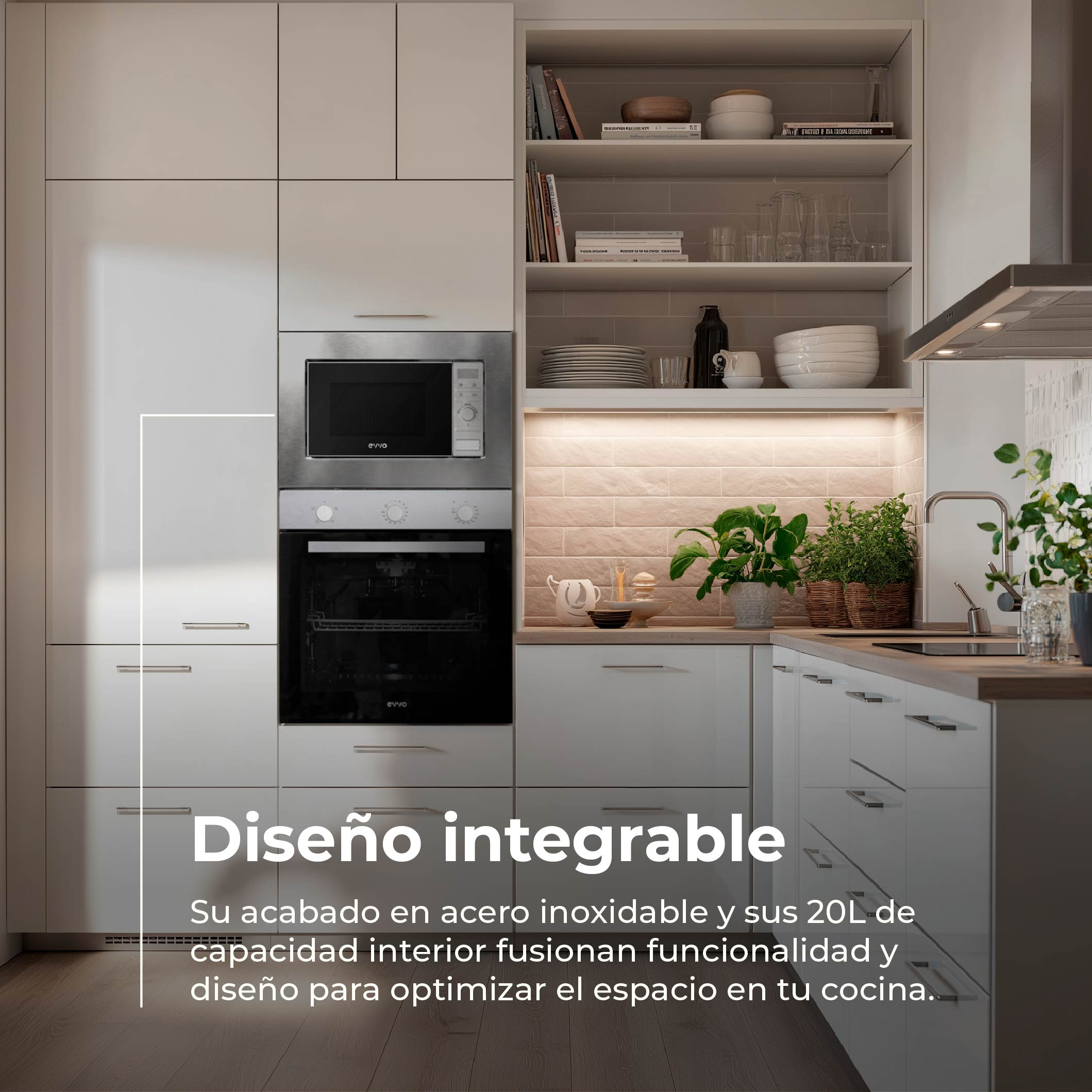 Cocina moderna con electrodomésticos de acero inoxidable, estantes y plantas.