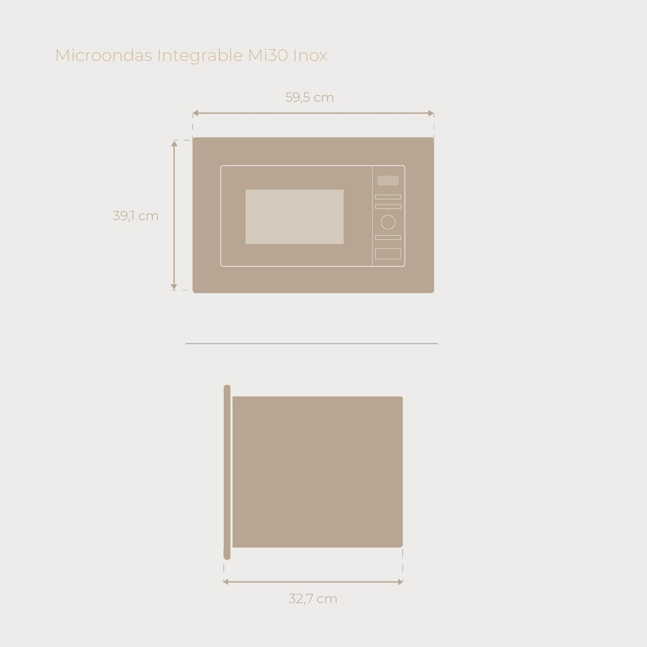 Microondas integrable con dimensiones: 59,5 cm ancho, 39,1 cm alto, 32,7 cm prof.