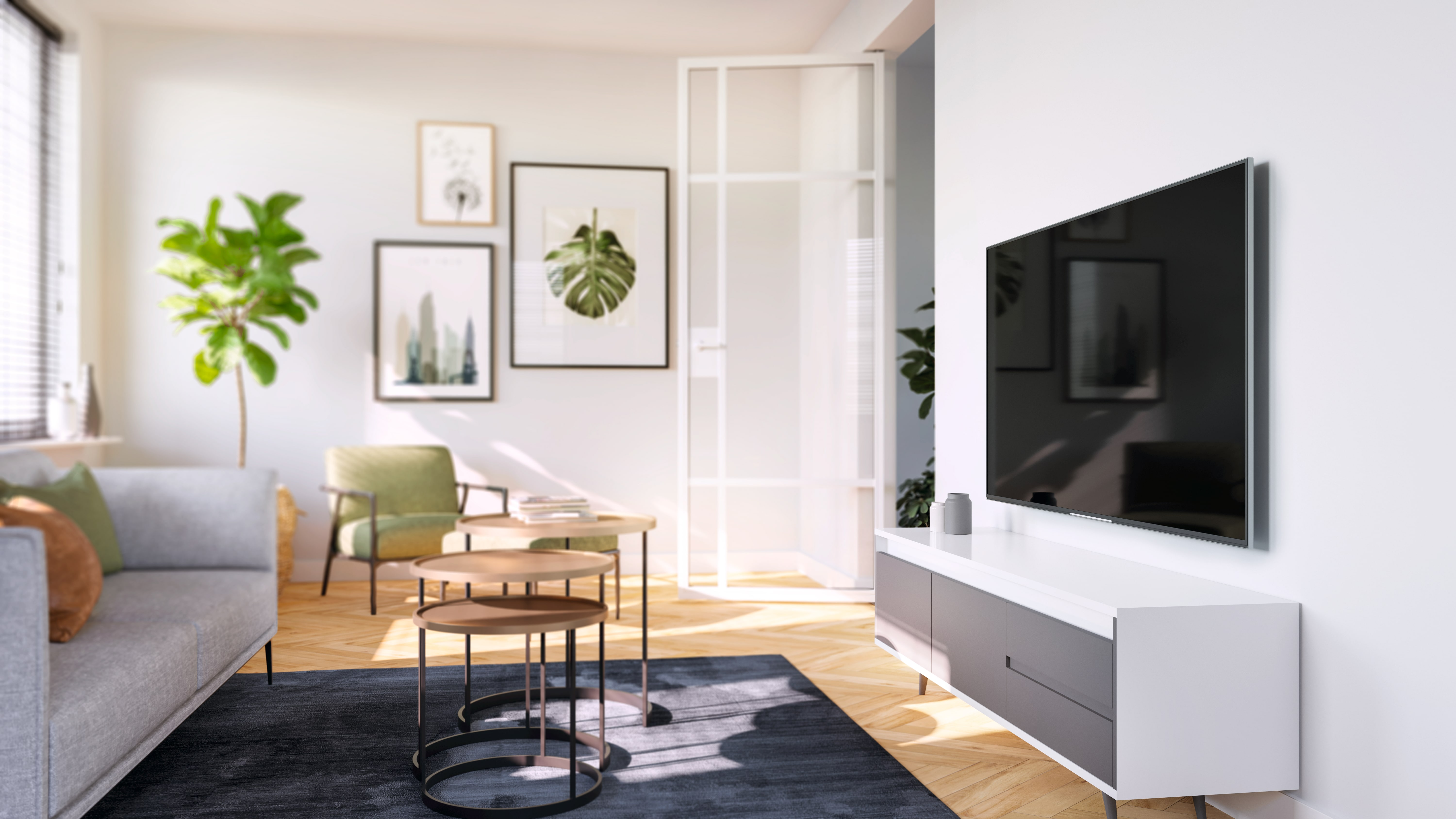 Nowoczesny salon z sofą, telewizorem, stolikami i roślinami.