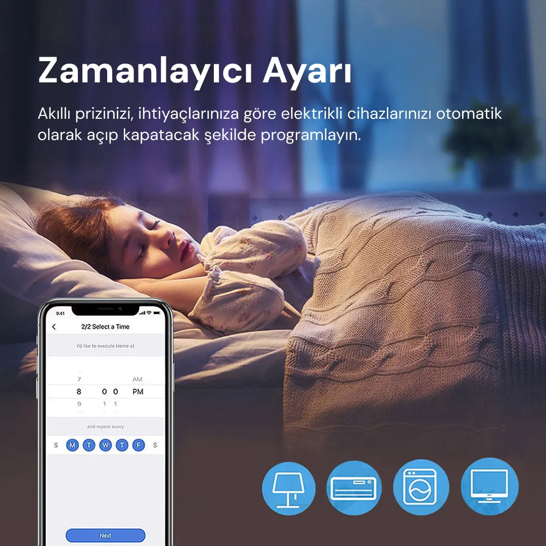 Bir çocuk uyurken telefon zamanlama ayarları uygulamasını gösteriyor.