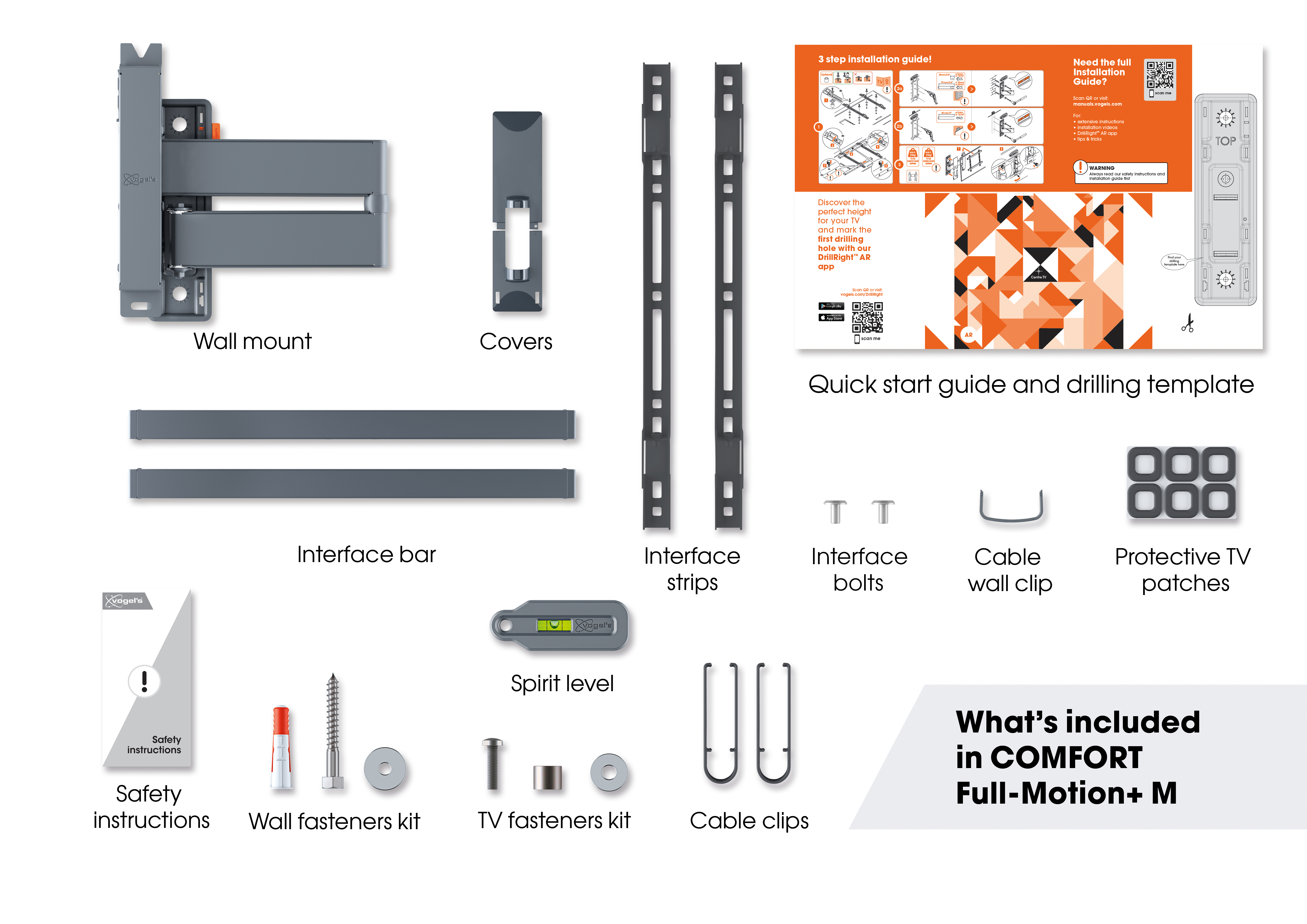 Uchwyt ścienny, osłony, listwa interfejsu, paski, śruby, klipsy, przewodnik, mocowania.