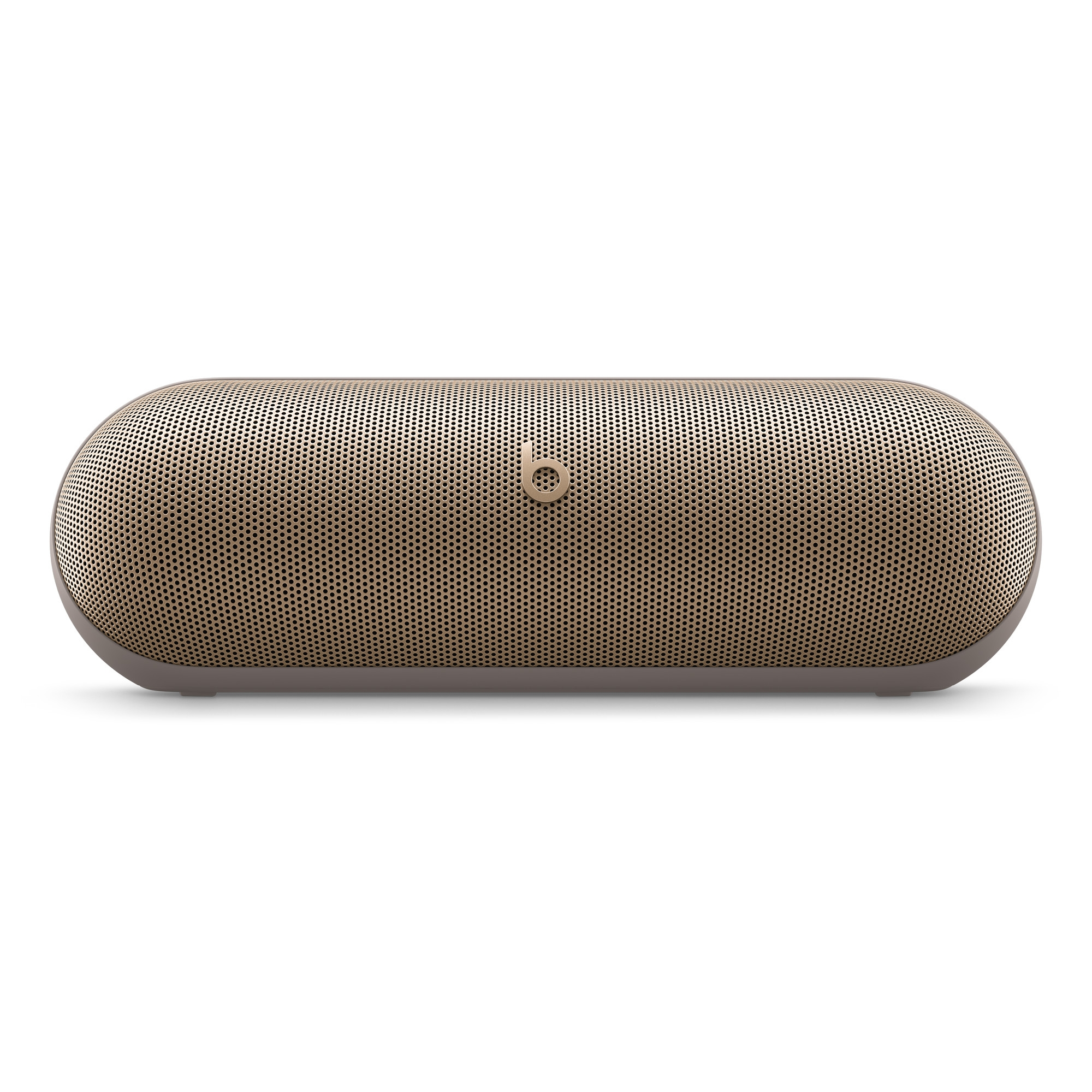 Złoty, owalny głośnik Bluetooth z perforowanym przodem.