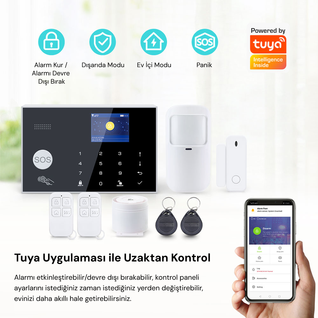 Kontrol panelli, hareket sensörlü, kapı sensörlü, kumandalı ve uygulamalı güvenlik sistemi.