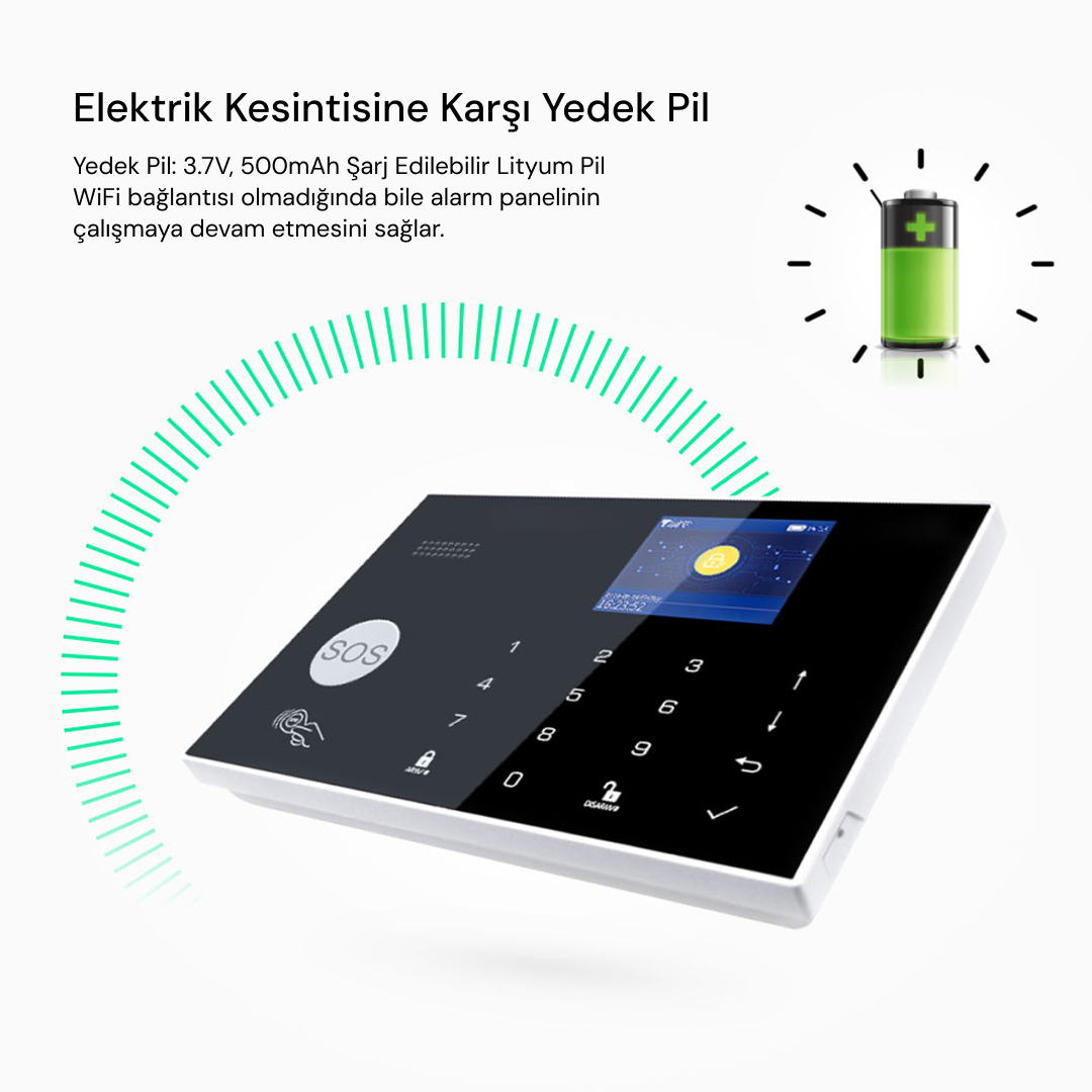 Tuş takımı ve pil simgesi olan alarm paneli. Şarj göstergeli yeşil pil.