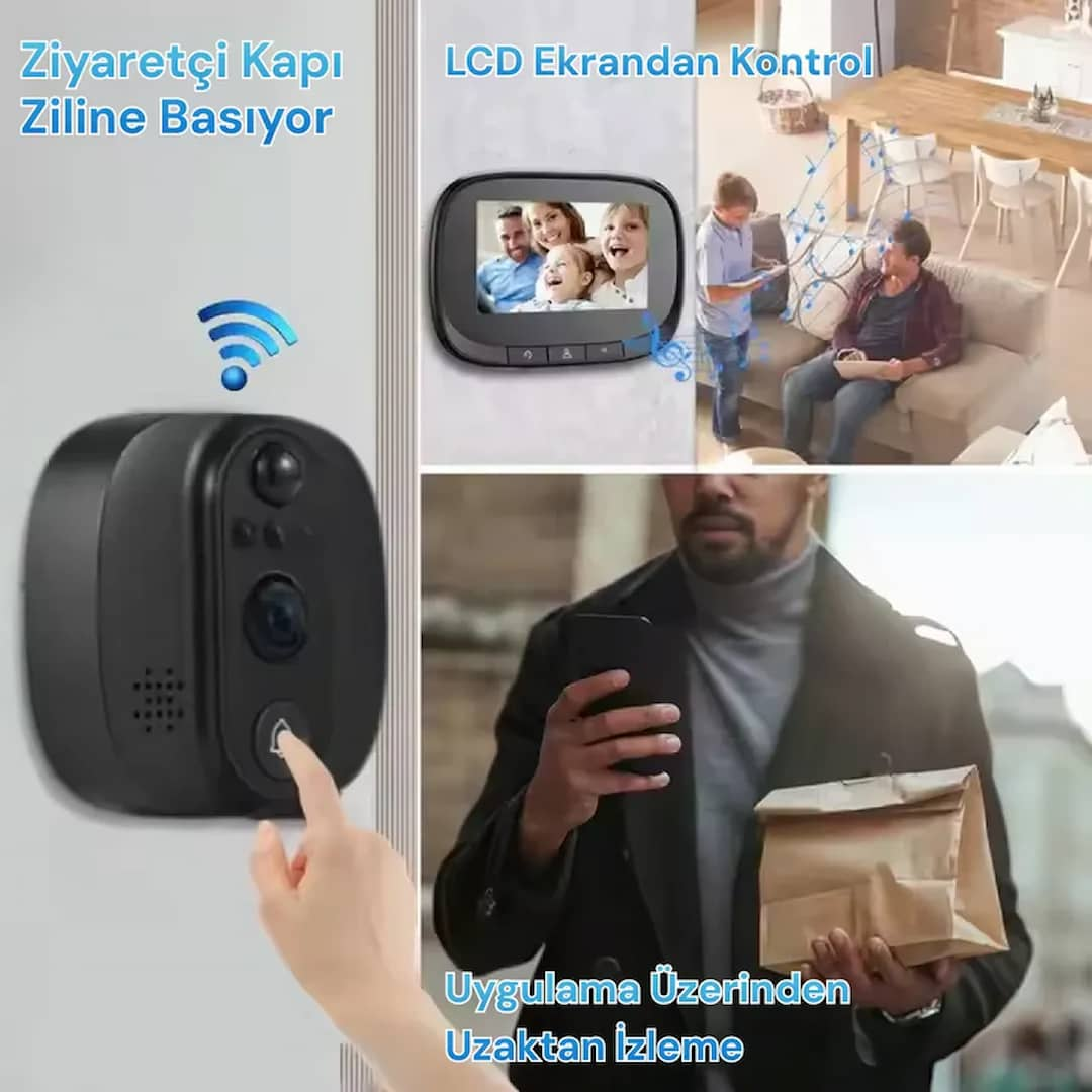 Ziyaretçi kapı zilini çalıyor, LCD ekrandan kontrol, uzaktan izleme.