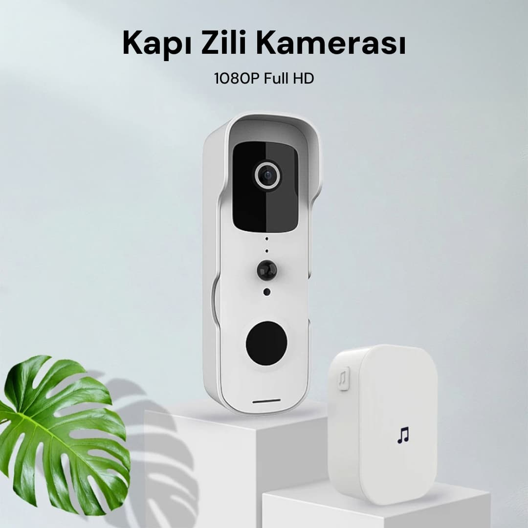 1080P Full HD kapı zili kamerası ve zil. Pedyestaller üzerinde beyaz cihazlar.
