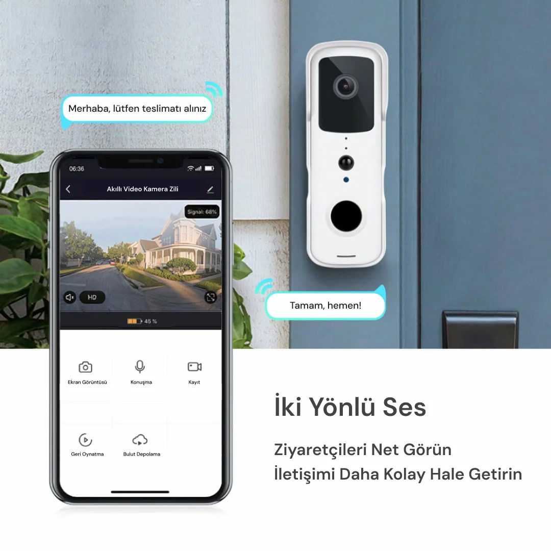 Akıllı telefon ev gösteren bir kapı zili kamerası uygulaması gösteriyor. Beyaz bir kapı zili kamerası kapıya monte edilmiş.