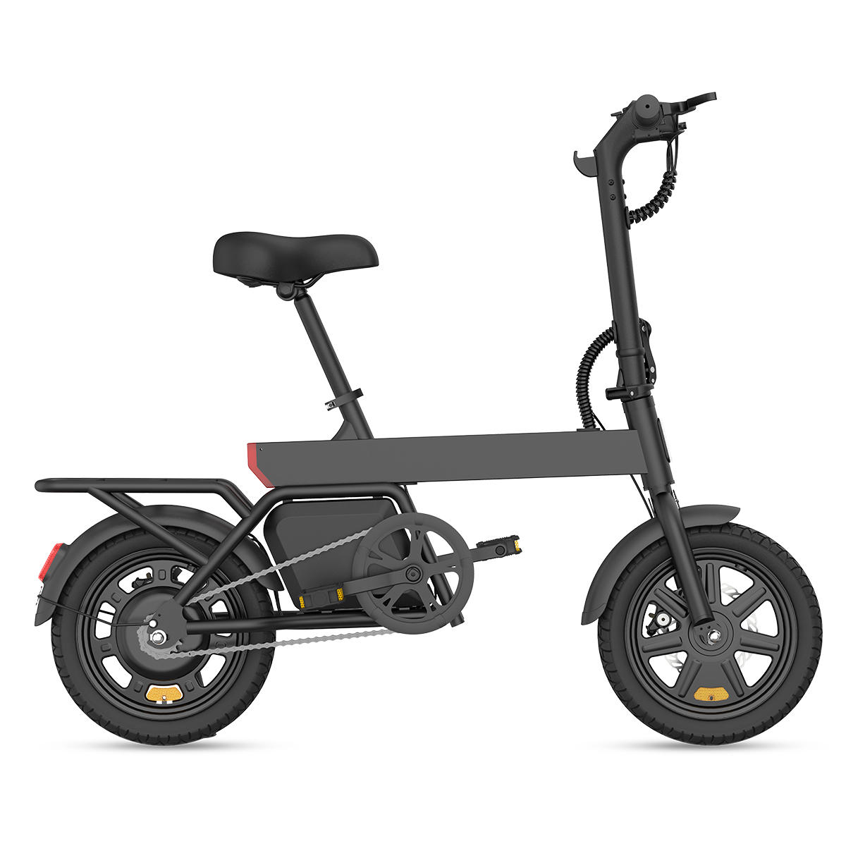 Ein schwarzes faltbares Elektrofahrrad mit Gepäckträger, auf weißem Hintergrund.