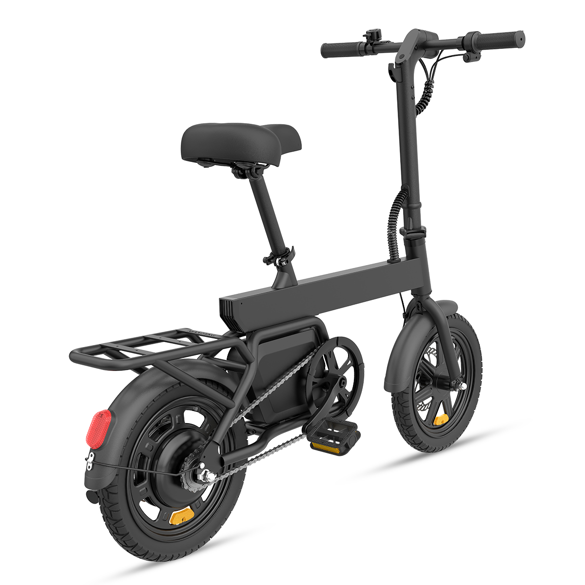 Ein schwarzes faltbares E-Bike mit Gepäckträger, Rücklicht und Trittbrett.