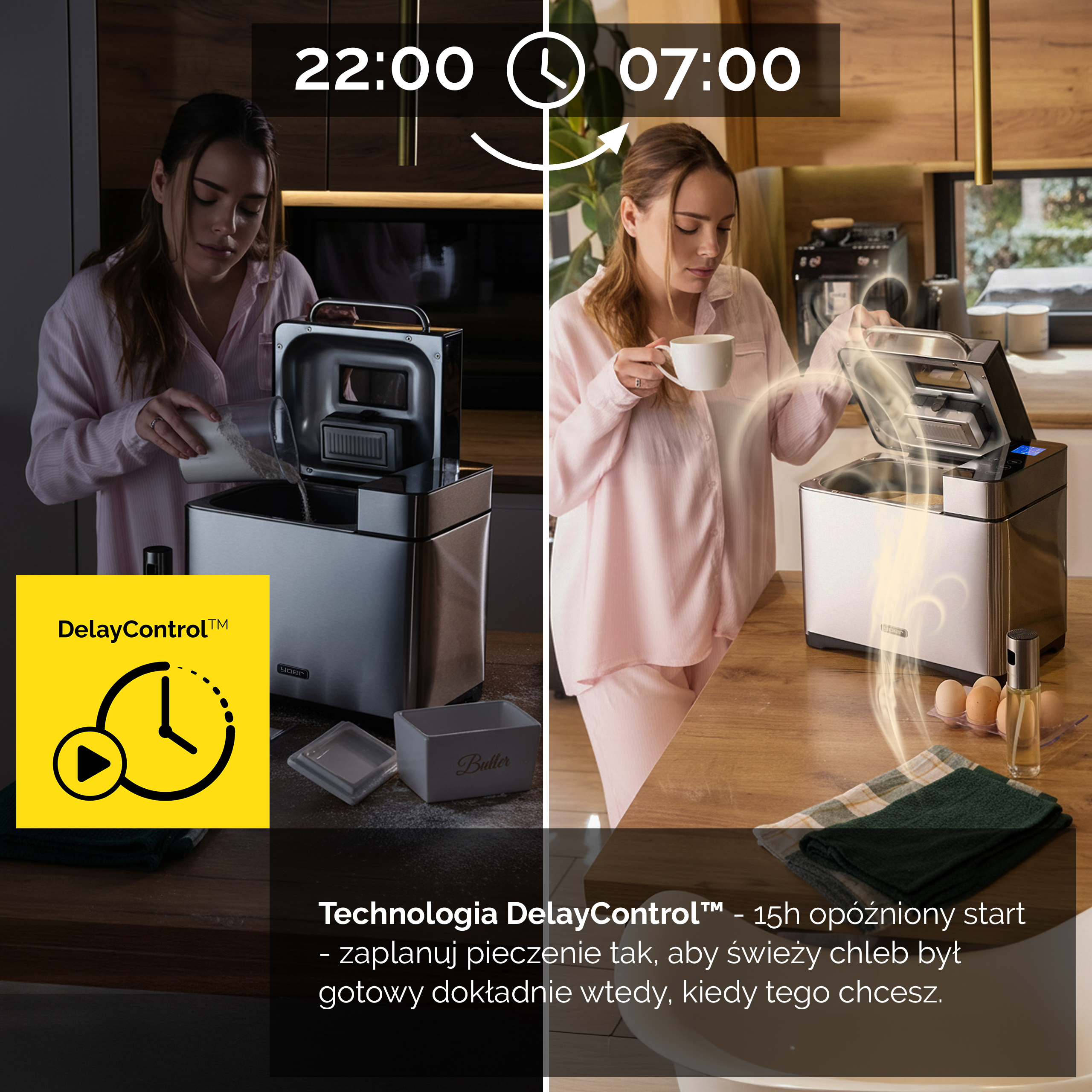 Kobieta przygotowuje chleb i pije kawę. Opóźniony start maszyny.