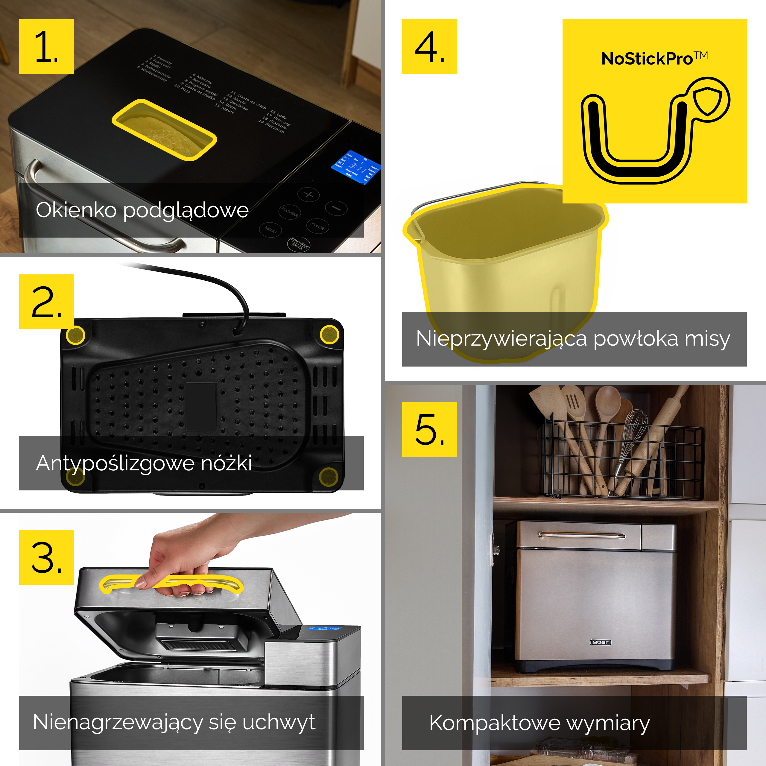 Wypiekacz do chleba z okienkiem, antypoślizgowymi nóżkami, uchwytem i kompaktowymi wymiarami.