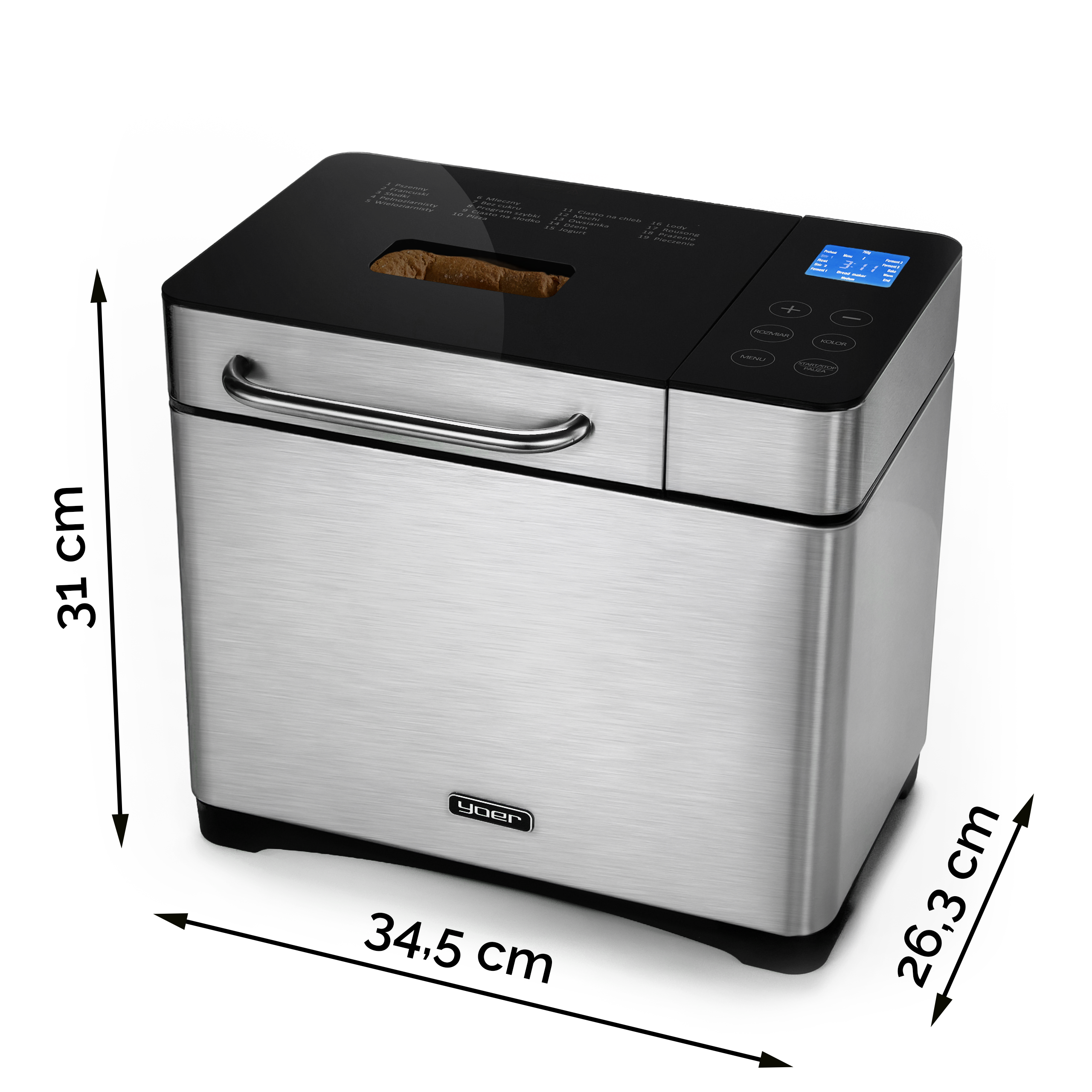 Srebrna maszyna do chleba z czarnymi akcentami i wyświetlaczem. Wymiary: 31x26,3x34,5 cm.