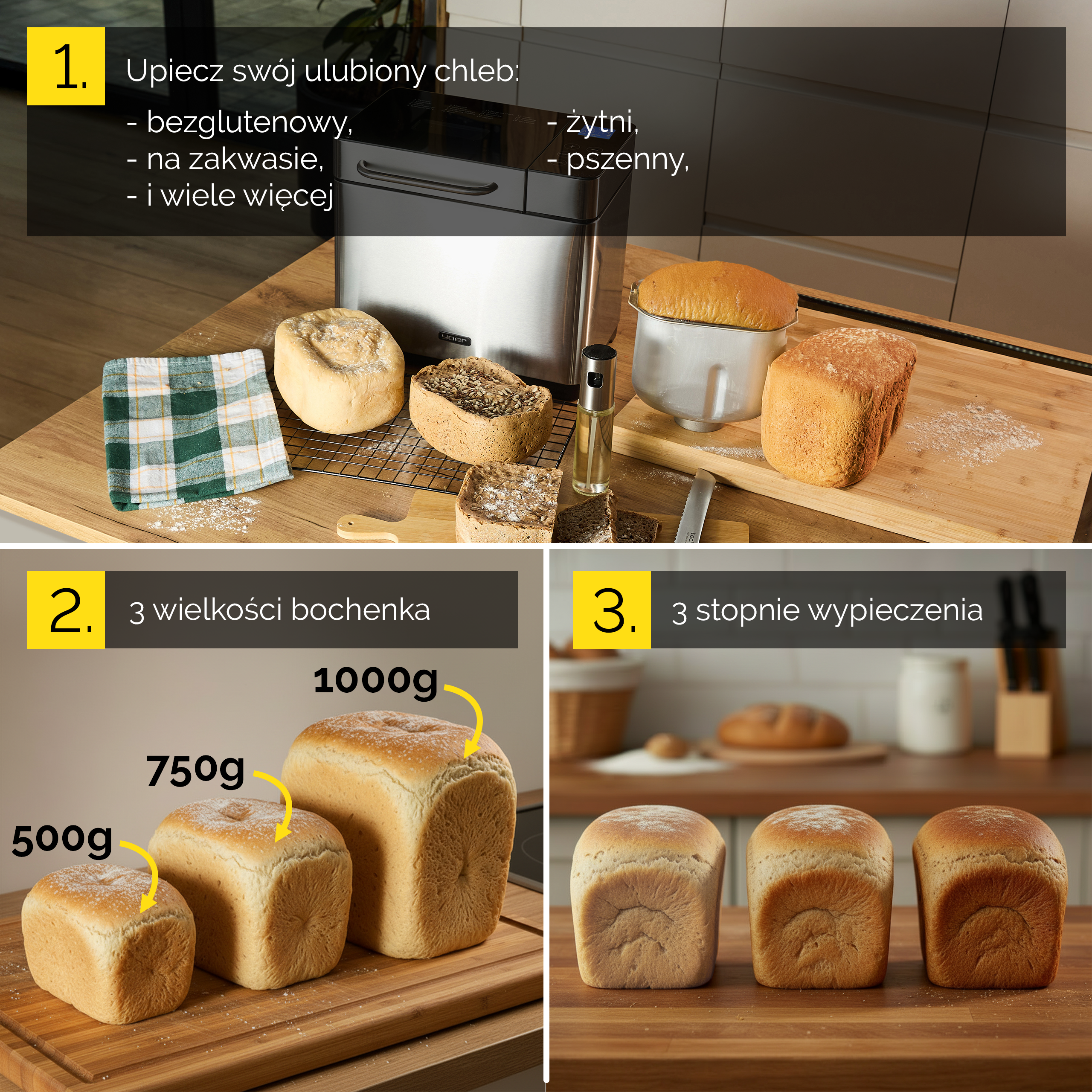 Wypiekacz do chleba z różnymi chlebami i wagami. Pokazano 3 stopnie wypieku.