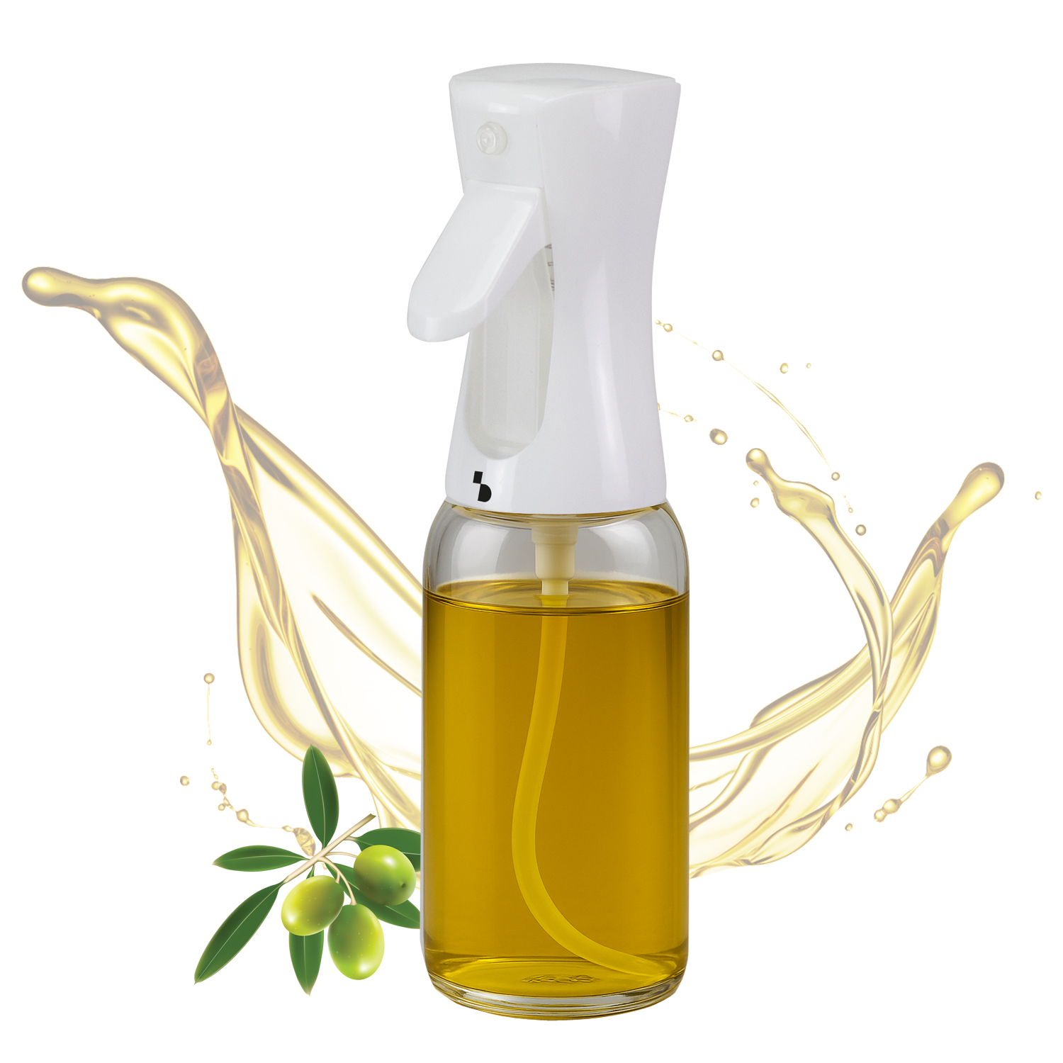 Una bottiglia spray per olio con olive e spruzzi d'olio.
