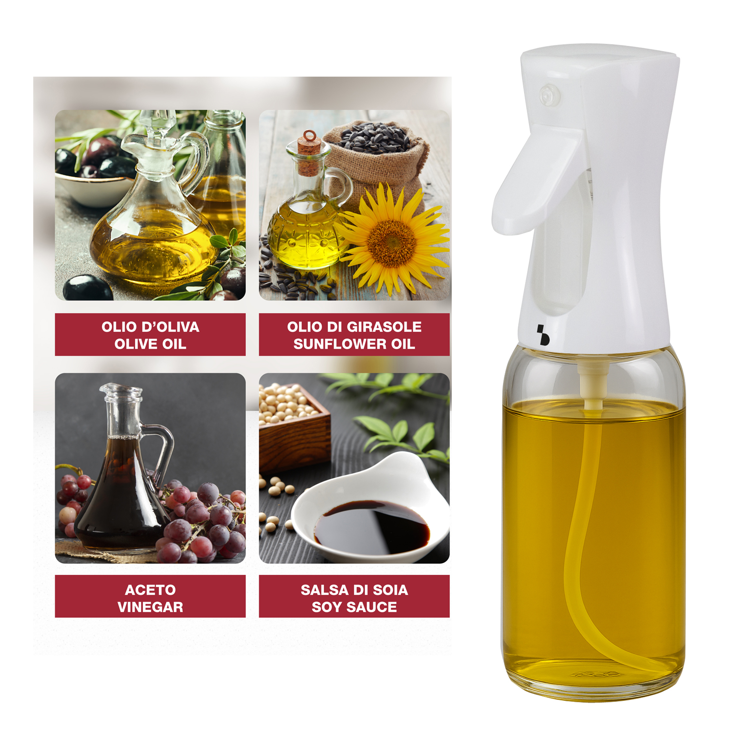 Una bottiglia spray con olio accanto a immagini di olio d'oliva, girasole, aceto e salsa di soia.
