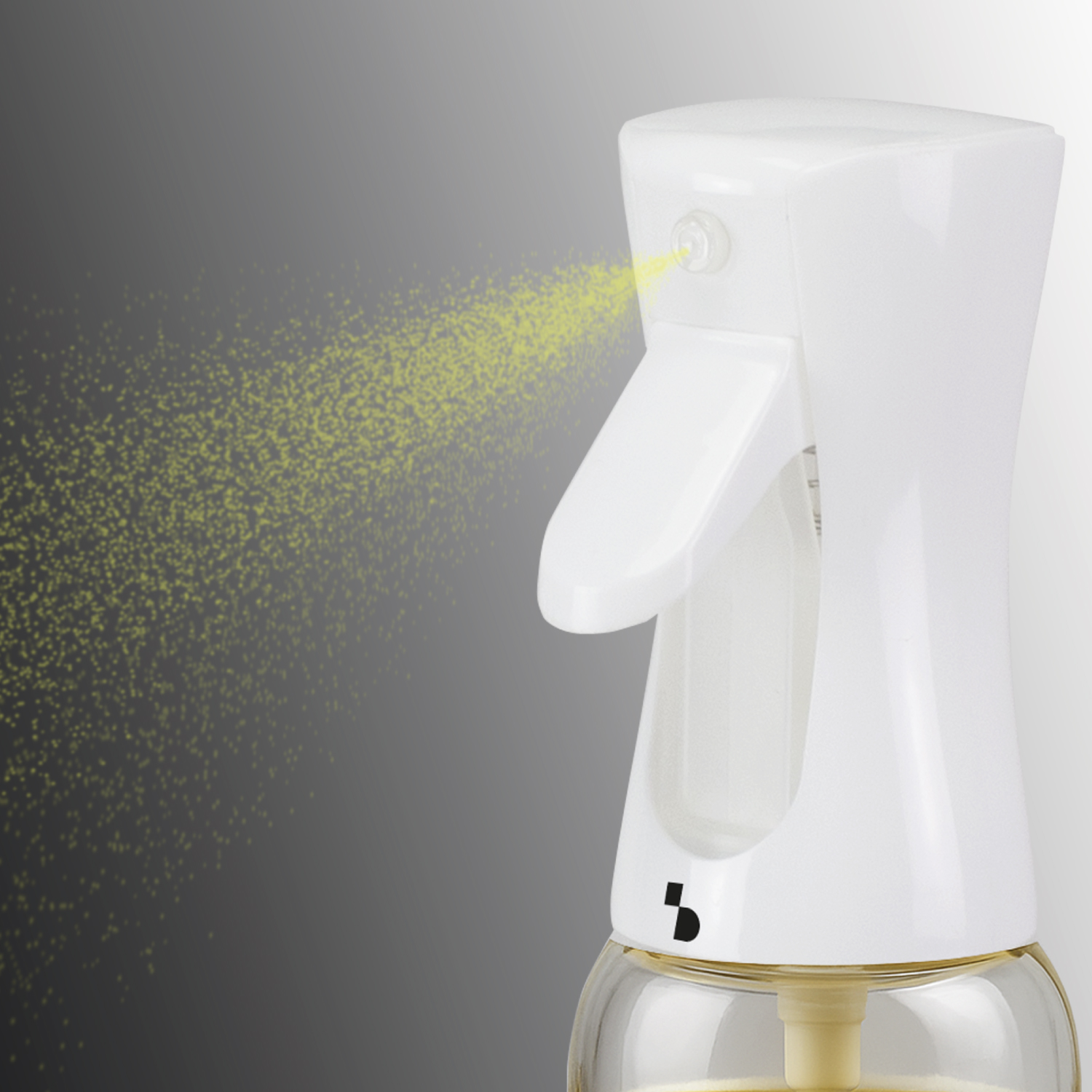 Una bottiglia spray bianca eroga una fine nebbia di liquido giallo.