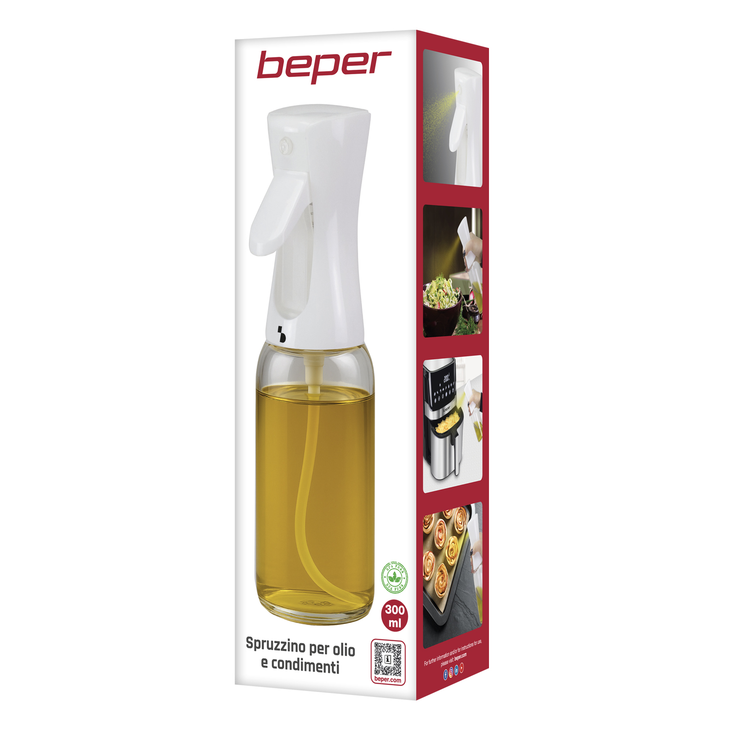 Uno spruzzino per olio trasparente con manico bianco, capacità 300 ml.