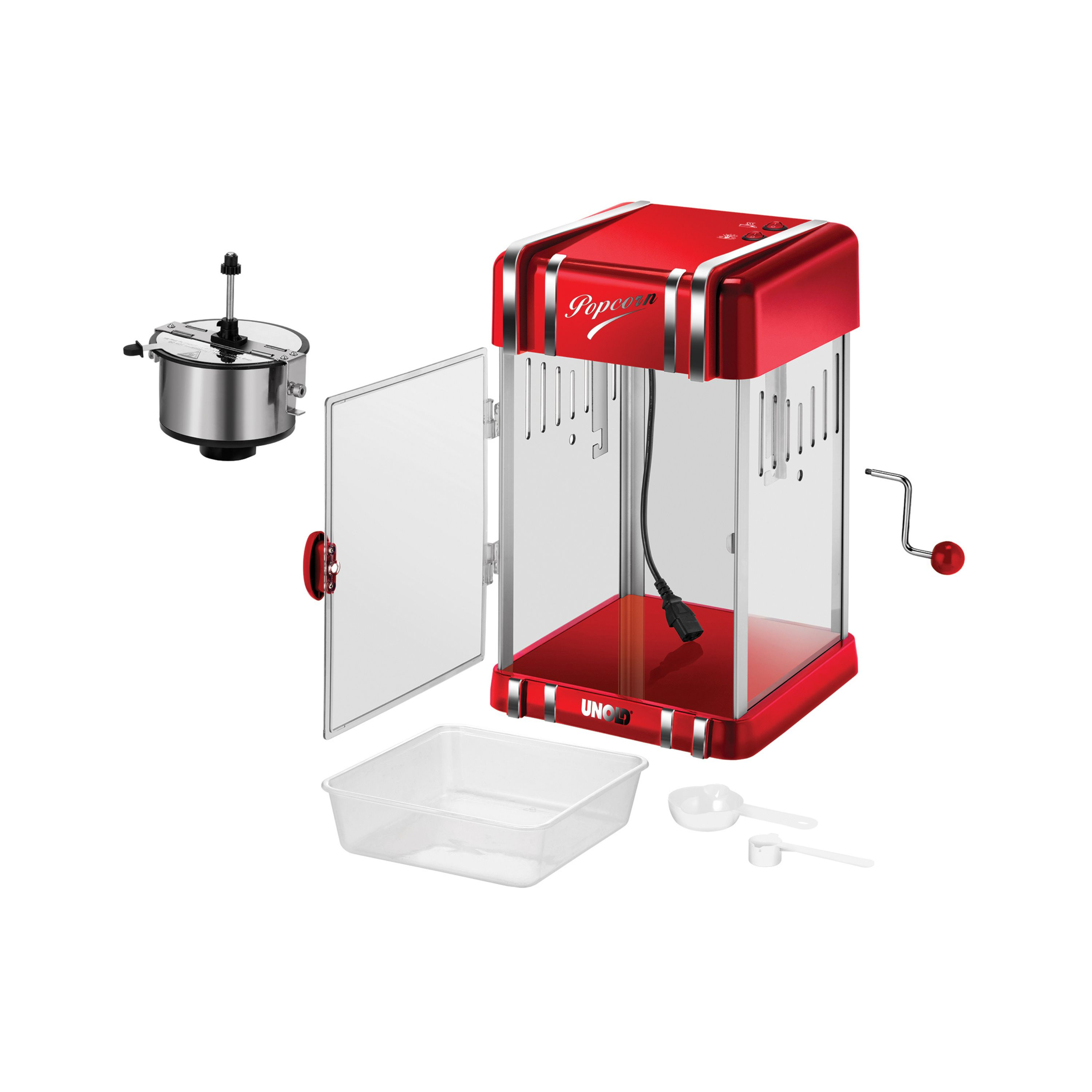 Roter Popcorn-Maker mit Glasfront, Metalltopf, Schale und Löffeln.