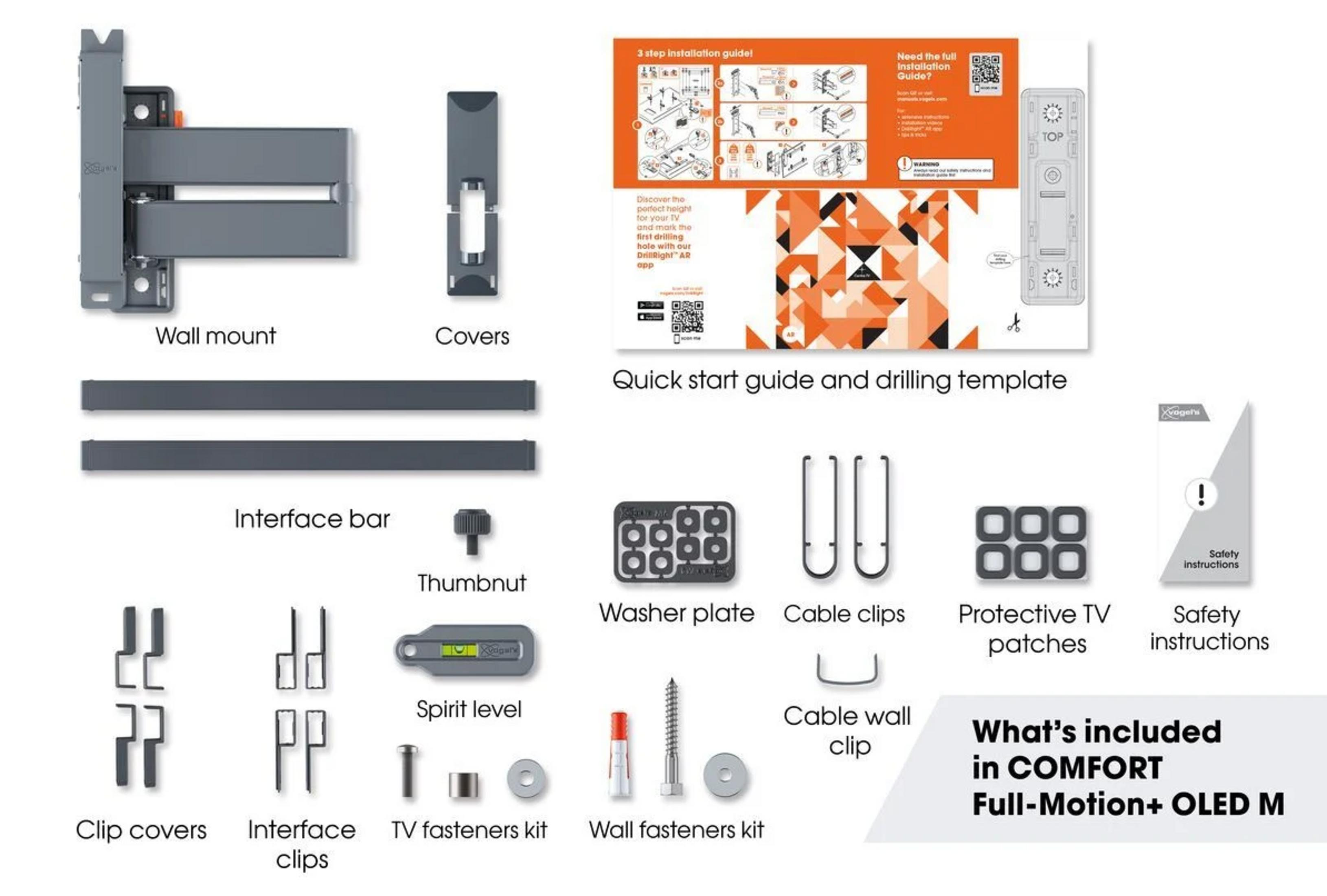 Uchwyt ścienny, osłony, skrócona instrukcja i elementy mocujące.