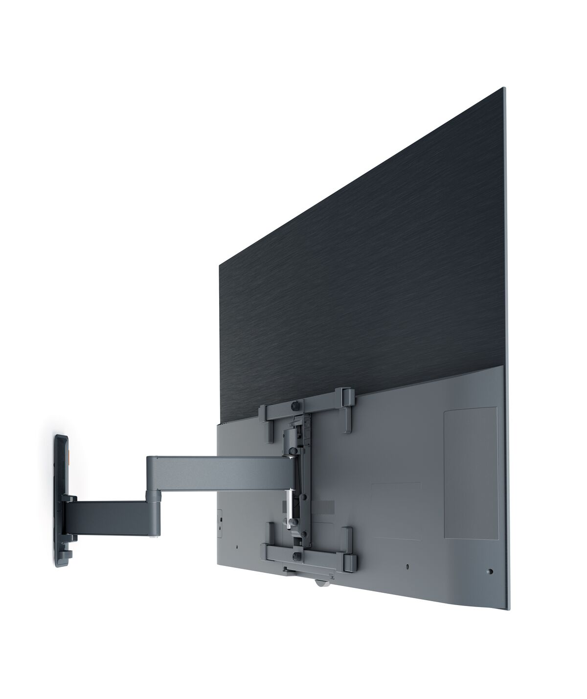 Szary uchwyt ścienny do telewizora z przymocowanym telewizorem płaskoekranowym.
