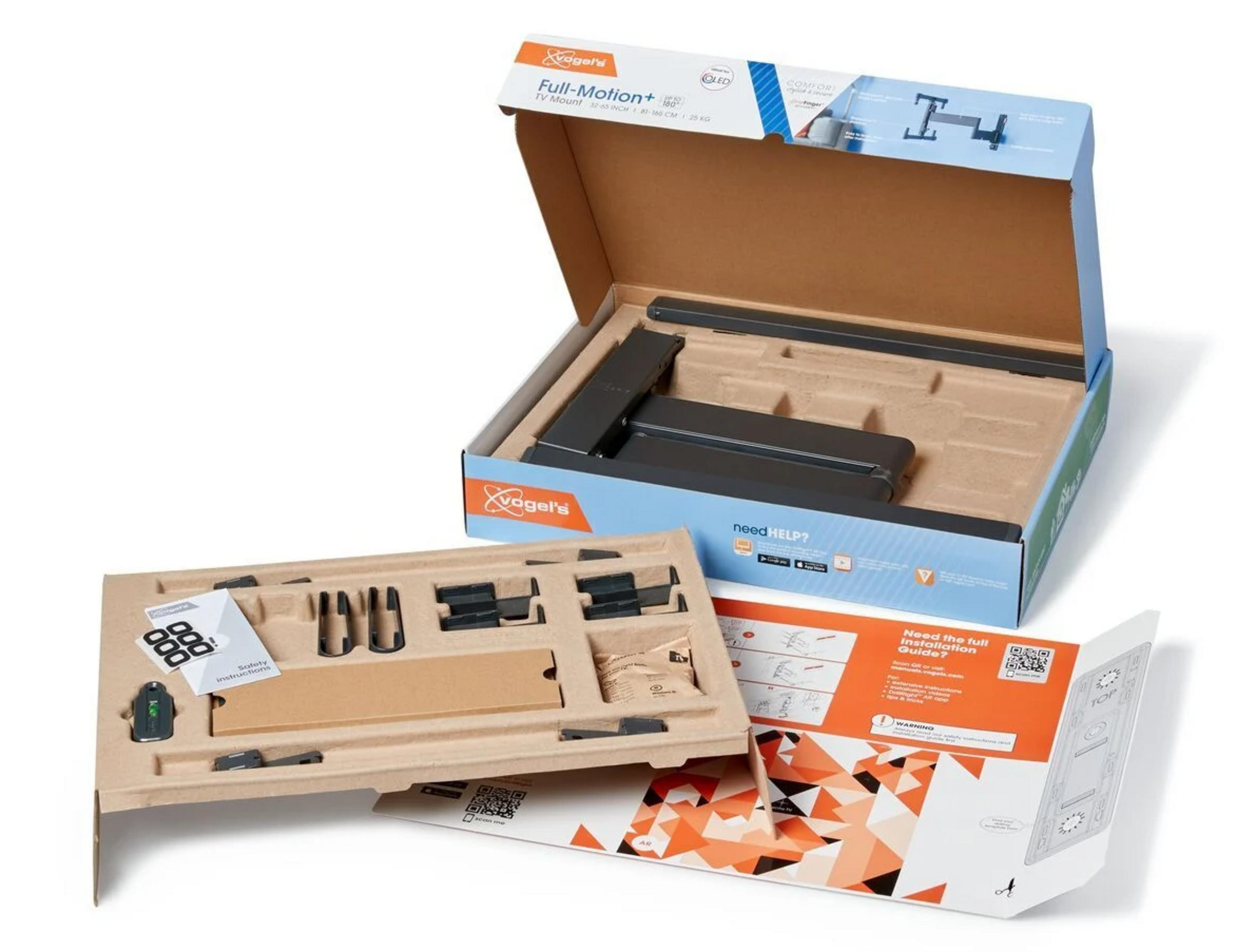 Uchwyt TV Vogel's Full-Motion+ w pudełku, z instrukcją.