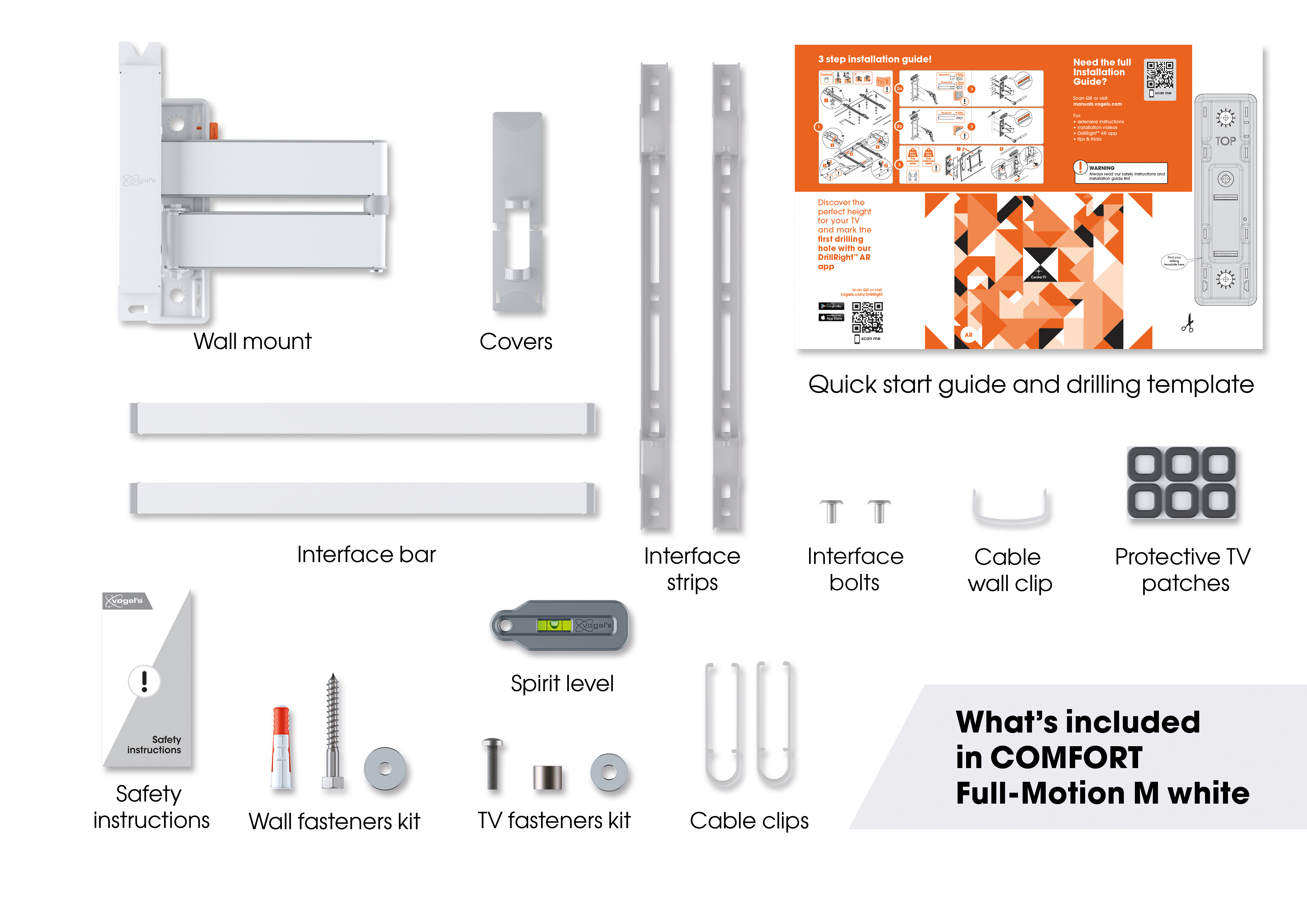 Uchwyt ścienny, osłony, listwy interfejsu, mocowania, akcesoria i instrukcje.