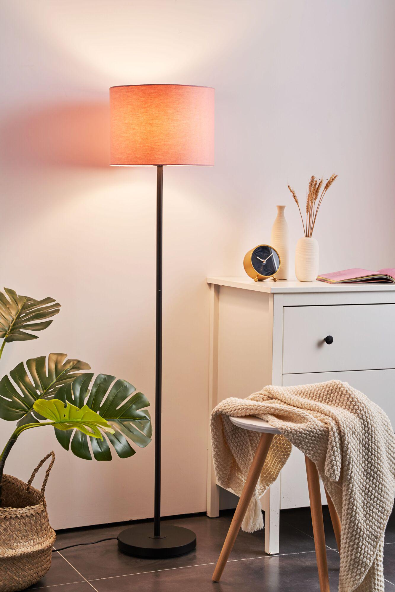 Klosz lampy podłogowej rzuca różowe światło na ścianę. Po lewej stoi kosz z rośliną.