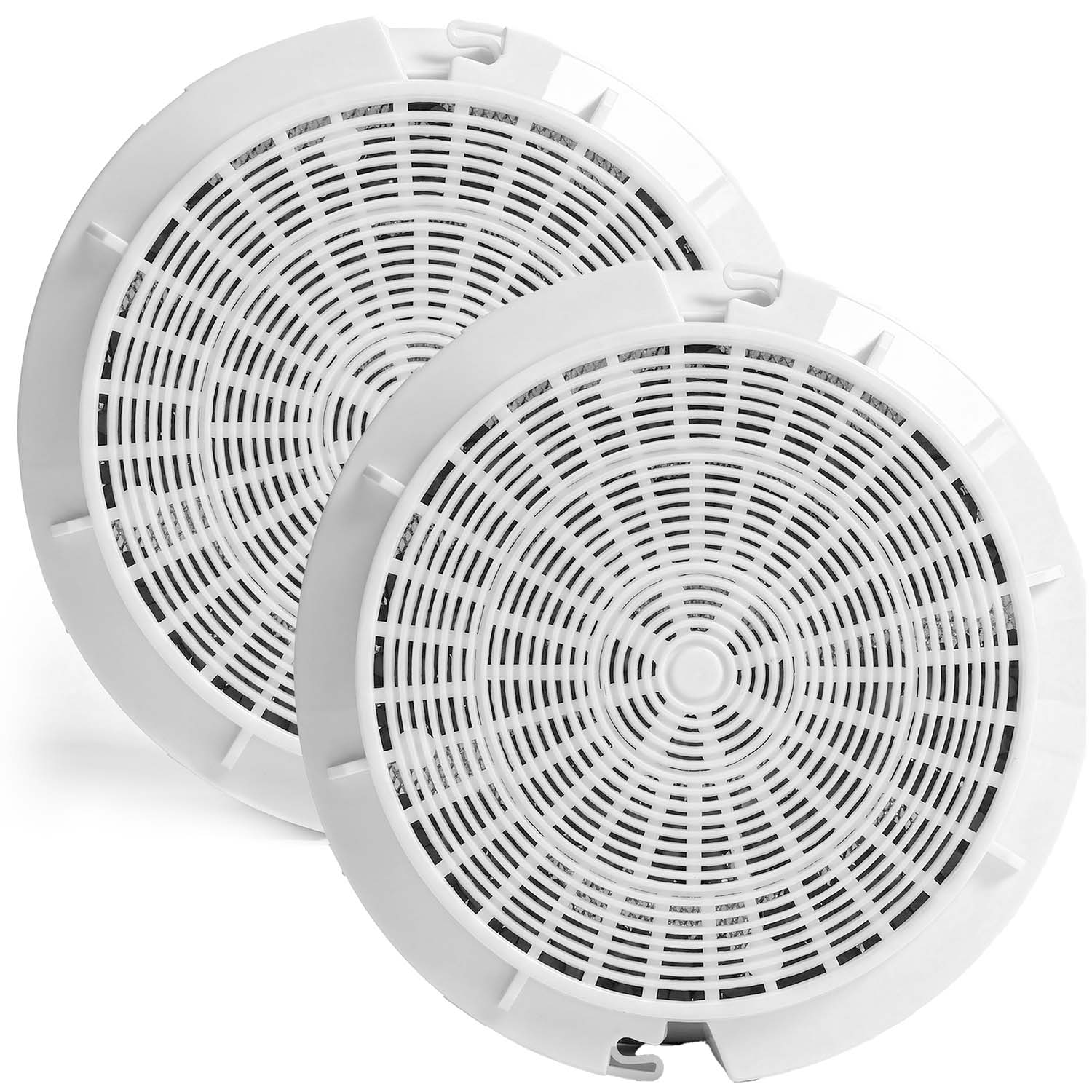 Dwa białe filtry wentylatora z okrągłymi rowkami i kratkami na białym tle.