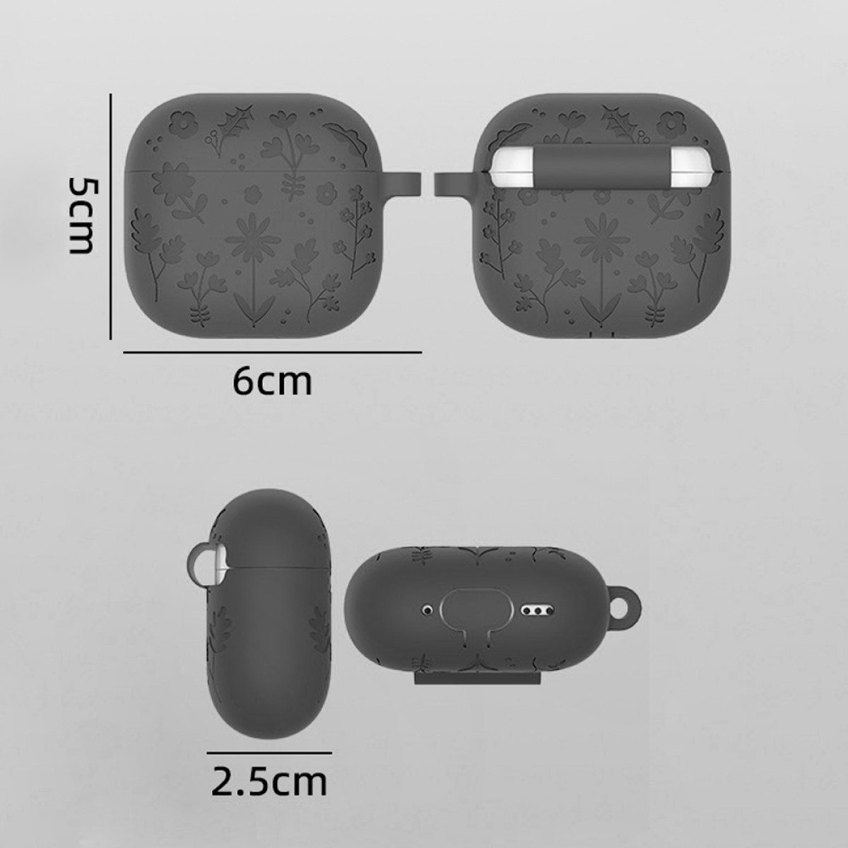 Funda gris para auriculares con estampado floral, vistas y medidas.