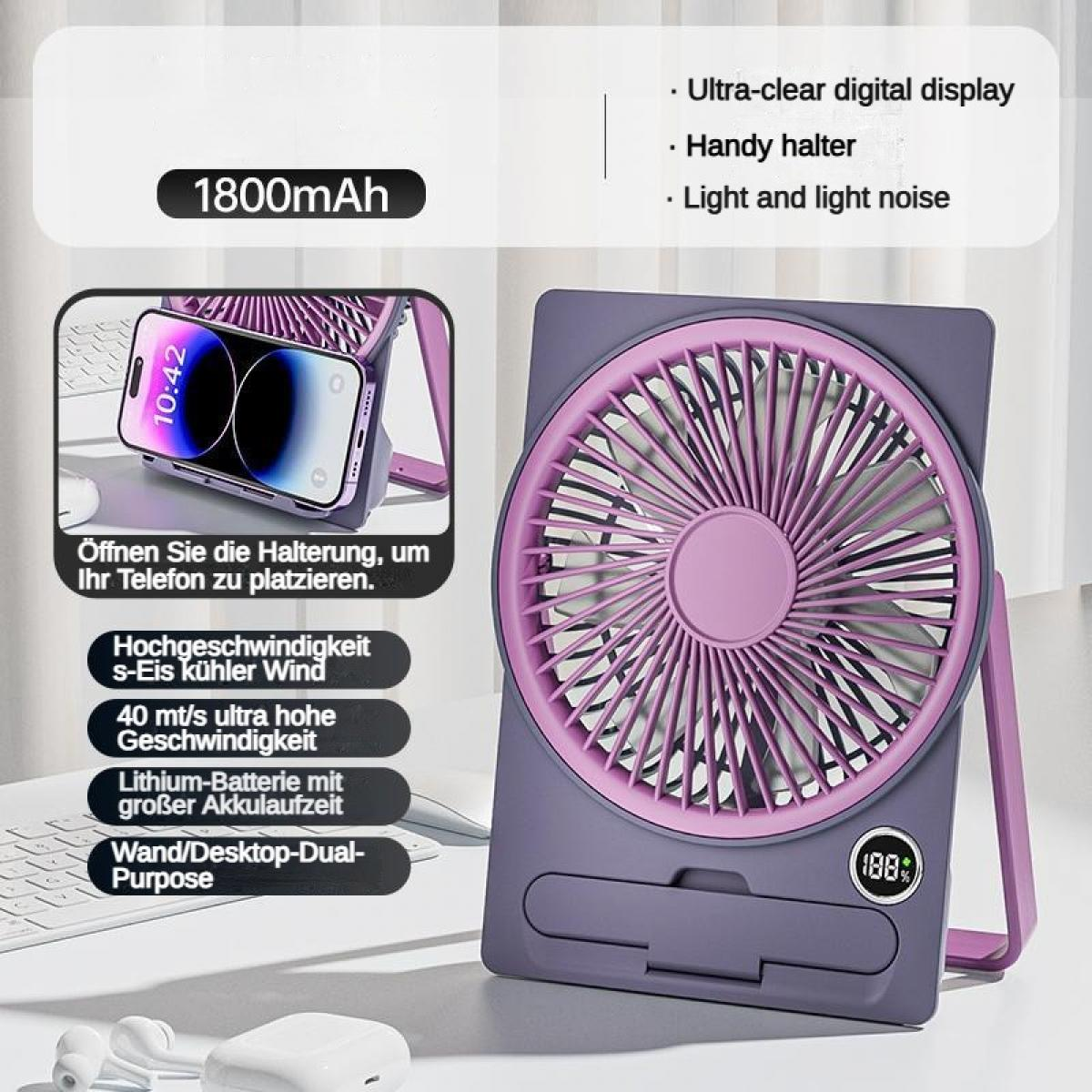 Ein violetter Ventilator mit Handyhalterung, 1800mAh Akku und digitalem Display.