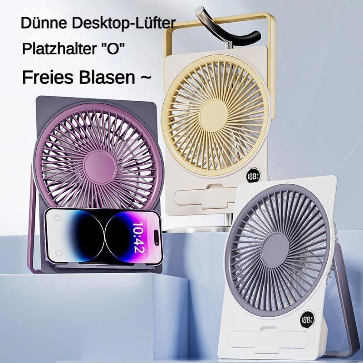 Drei Desktop-Ventilatoren in Lila, Gelb und Weiß, ein Handy mit 10:42 Uhr.