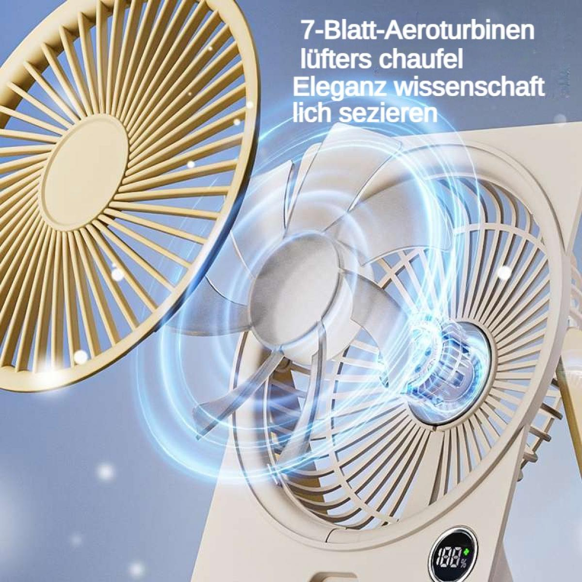 Ein beiger Ventilator mit 7 Rotorblättern in Bewegung, blaue Lichteffekte.
