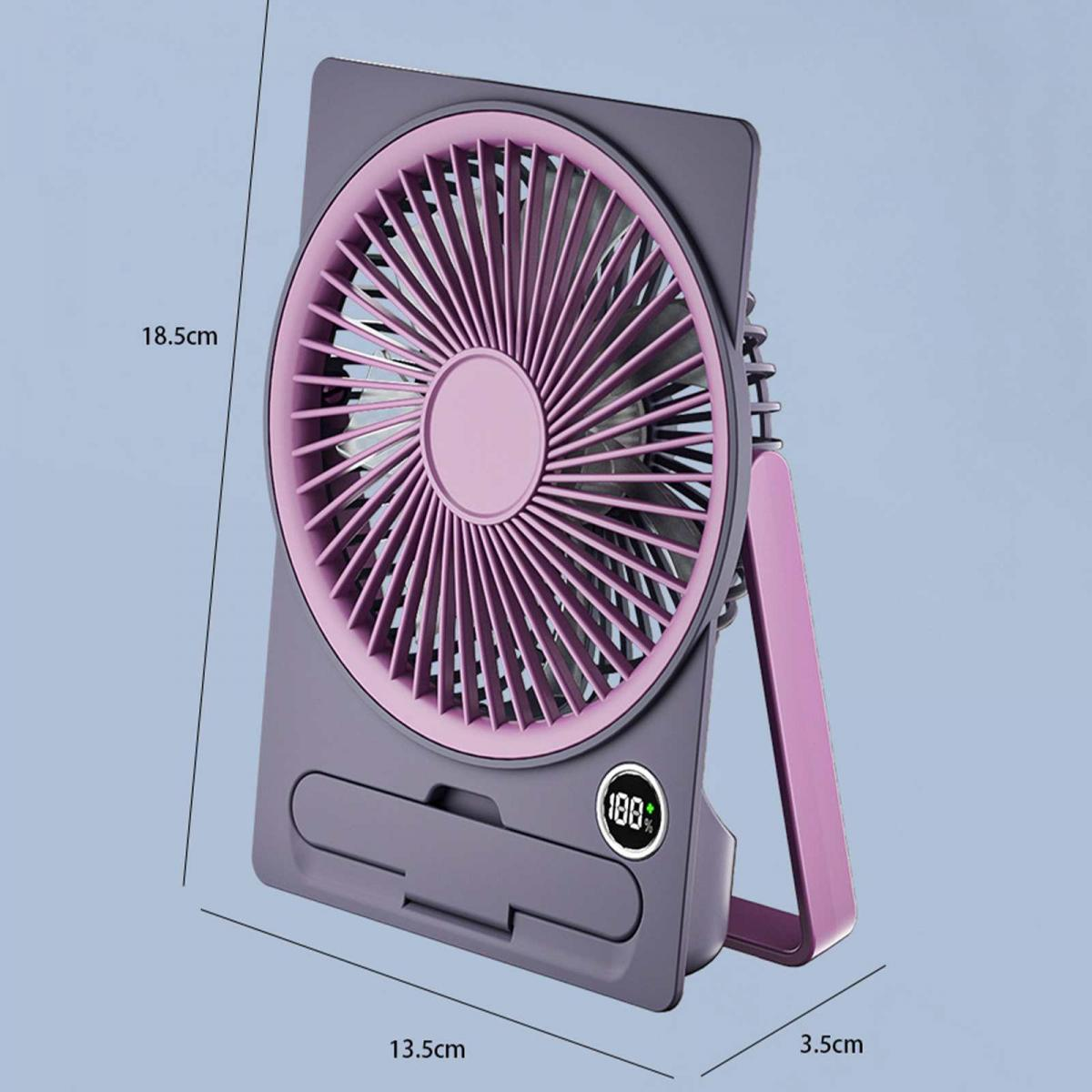 Ein violetter Ventilator mit digitaler Anzeige und Ständer.