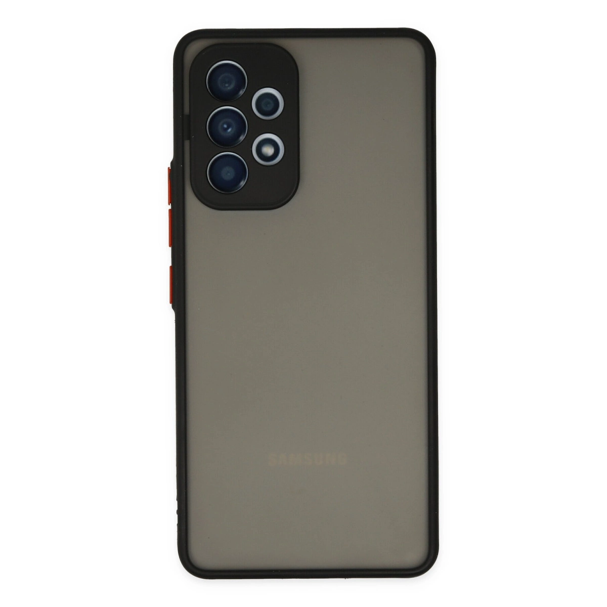 Siyah çerçeveli gri Samsung telefonun arka yüzü ve kamera modülü.