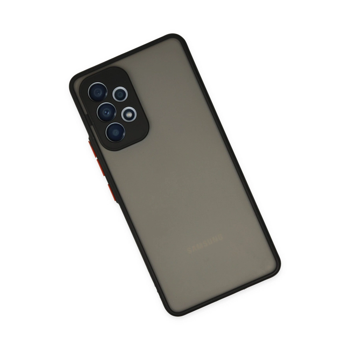 Dört kameralı ve kırmızı düğmeli gri telefon kılıfı.