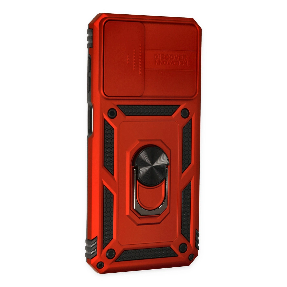 Kırmızı telefon kılıfı, kaydırılabilir kamera kapağı ve yüzük.