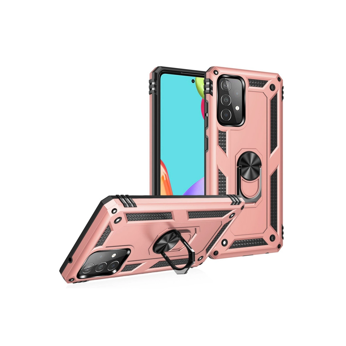 Halka tutuculu iki rose gold telefon kılıfı. Biri ayakta, diğeri yatay duruyor.